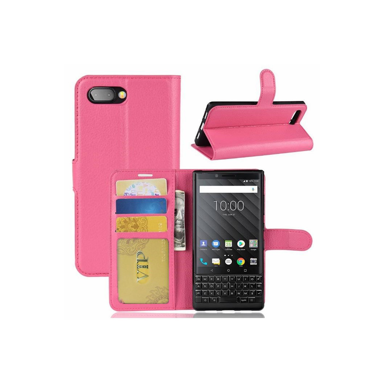[CS] Blackberry Key2 LE KeyTwo LE Case, Magnetic Leather Folio Wallet Flip Case Cover with Card Slot, Hot Pink