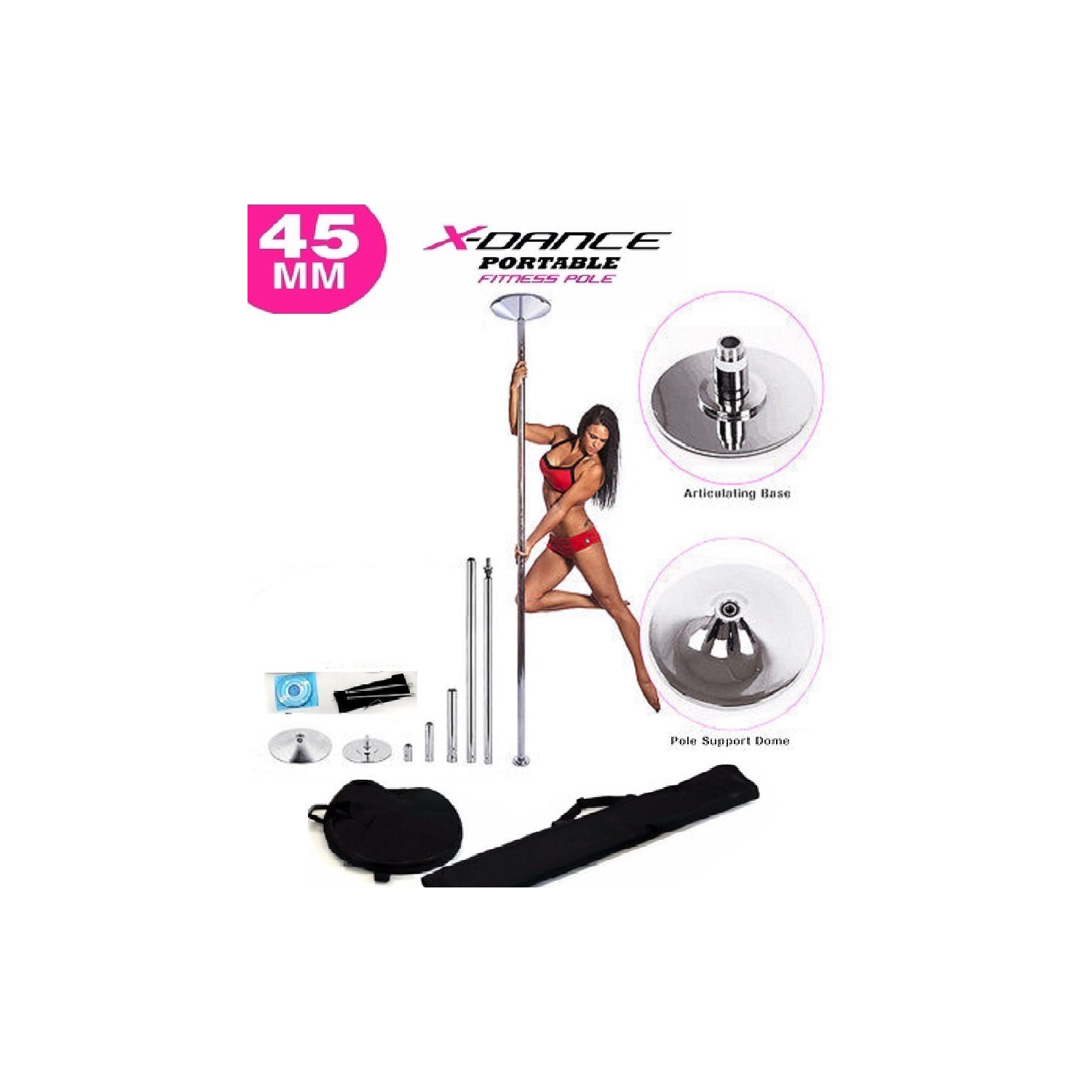 X Dance Pole Chrome Portable Exotic 9 FT Pole Stationary and Spinning Exercise Workout Fitness Pole with 2 Bags