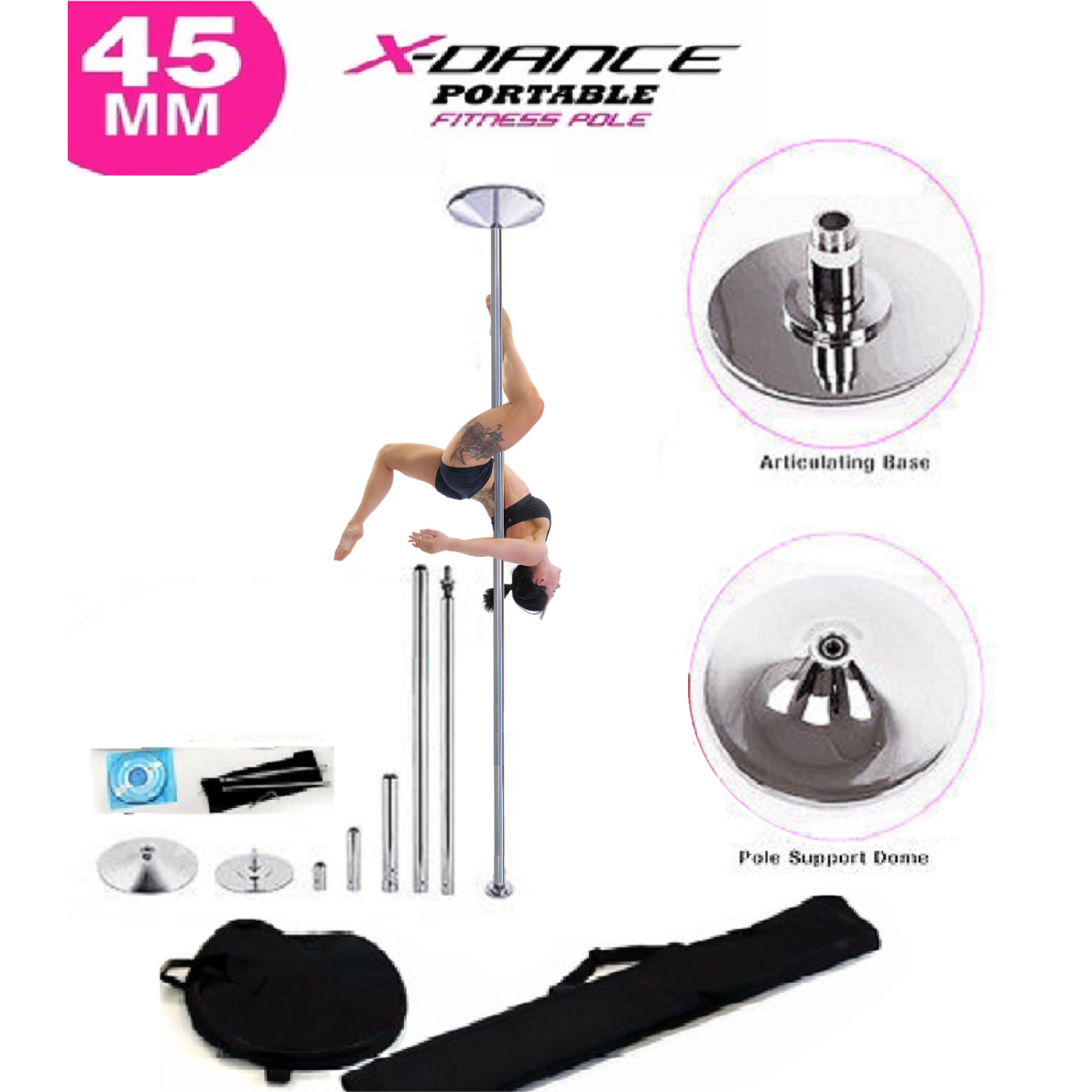 X Dance Pole Chrome Portable Exotic 9 FT Pole Stationary and Spinning Exercise Workout Fitness Pole with 2 Bags