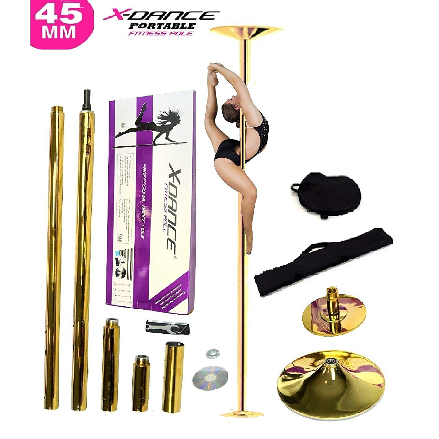 X Dance Pole Gold Portable Exotic 9 FT Pole Stationary and Spinning Exercise Workout Fitness Pole with 2 Bags