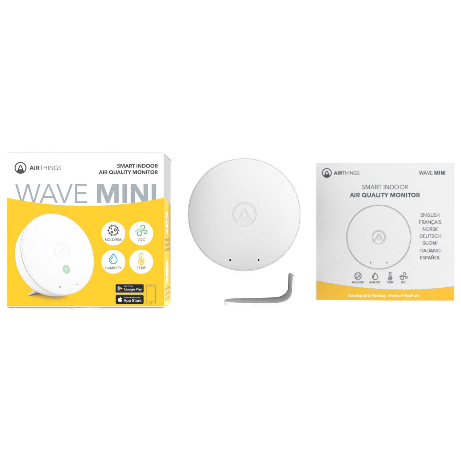 Moniteur de qualité de l'air intérieur Wave Mini d'Airthings avec indicateur de risque de moisissure