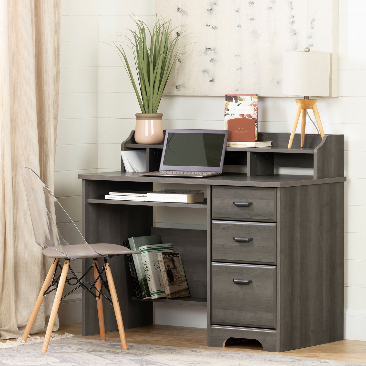 Versa Writing Desk with Hutch - Grey Maple
