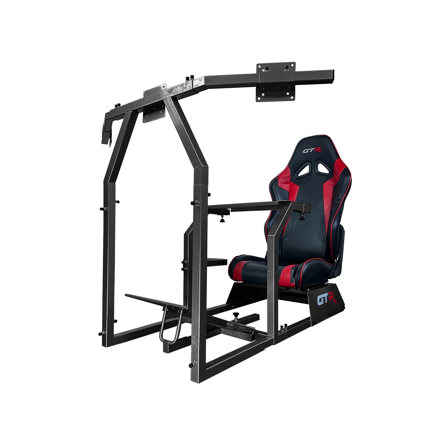 GTR Simulator GTA-F Model (Black) Triple or Single Monitor Stand with Black/Red Adjustable Leatherette Seat