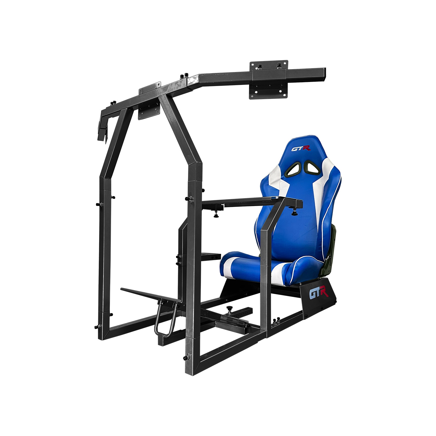 GTR Simulator GTA-F Model (Black) Triple or Single Monitor Stand with Blue/White Adjustable Leatherette Seat