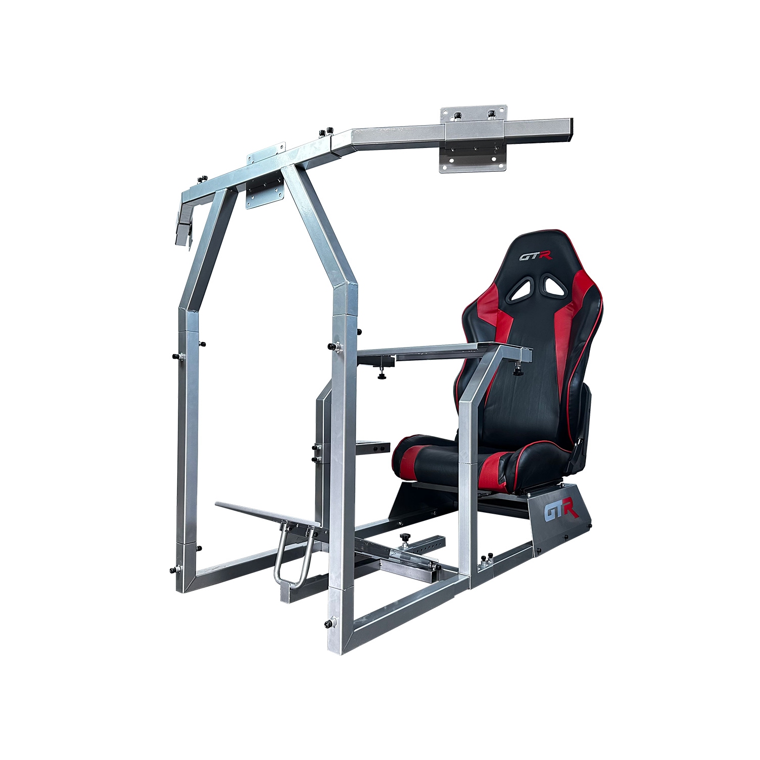 GTR Simulator GTA-F Model (Silver) Triple or Single Monitor Stand with Black/Red Adjustable Leatherette Seat