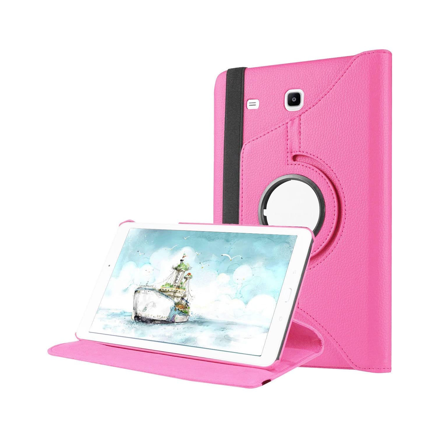 【CSmart】 360 Rotating Leather Tablet Case Smart Stand Cover for Samsung Tab E 9.6" T560 T561 T565, Hot Pink