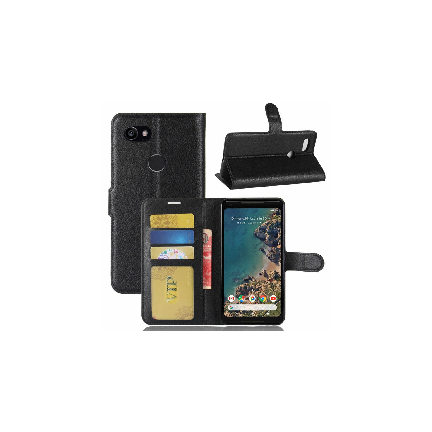 [CS] Google Pixel 3 Case, Magnetic Leather Folio Wallet Flip Case Cover with Card Slot, Black