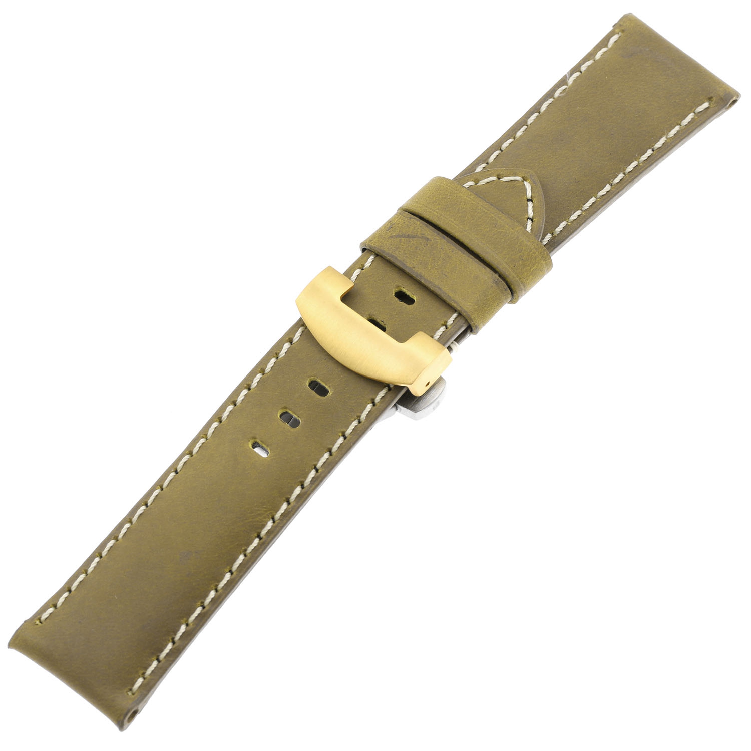 DASSARI Bracelet de Montre Vintage en Cuir pour Hommes avec Fermoir Déployant Or Jaune pour Panerai - Extra Long - 22mm - Kaki
