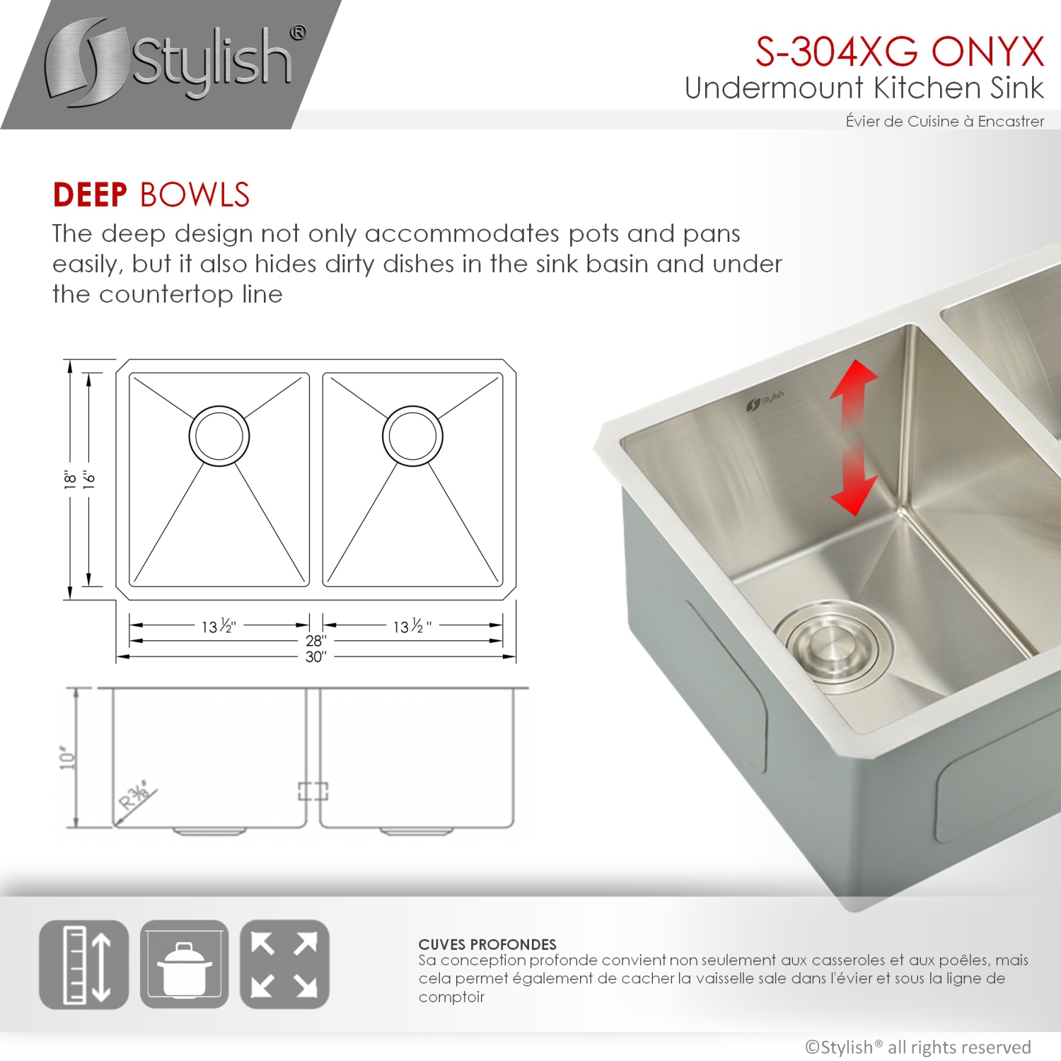 30" L x 18" W Undermount Double Bowl 16 Gauge Stainless Steel Kitchen Sink,Two Grids,Two Basket Strainers, S-304XG