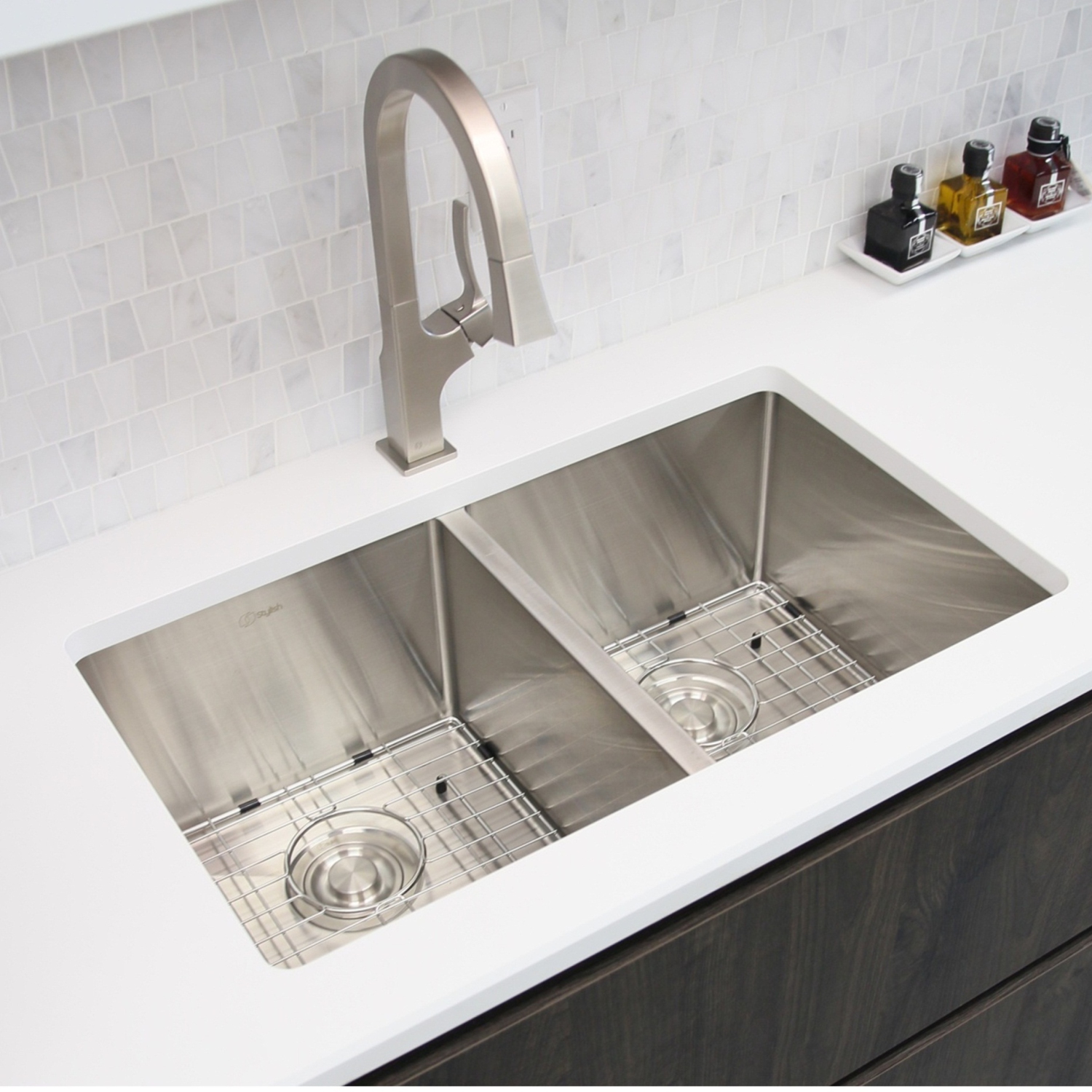 30" L x 18" W Undermount Double Bowl 16 Gauge Stainless Steel Kitchen Sink,Two Grids,Two Basket Strainers, S-304XG