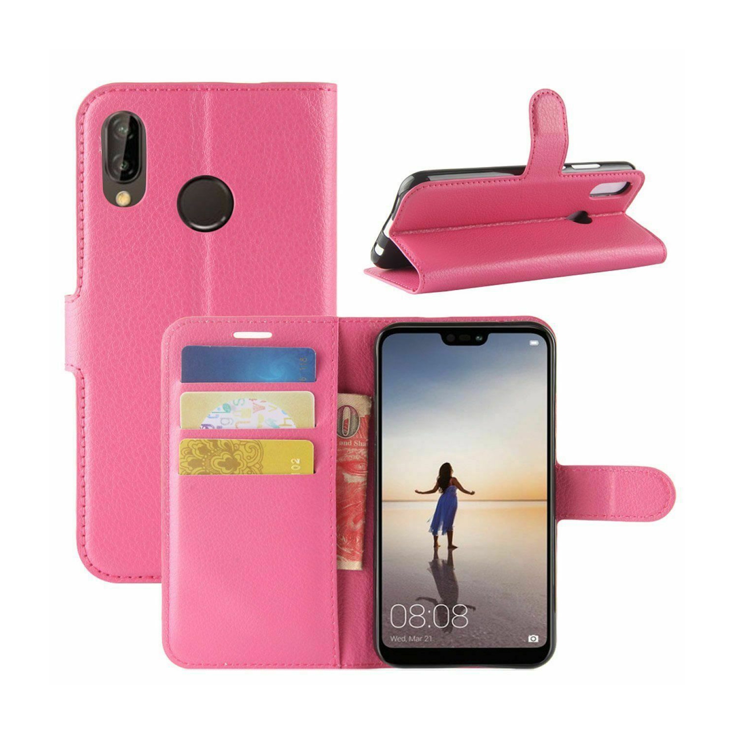 【CSmart】 Magnetic Card Slot Leather Folio Wallet Flip Case Cover for Huawei P20 Lite, Hot Pink