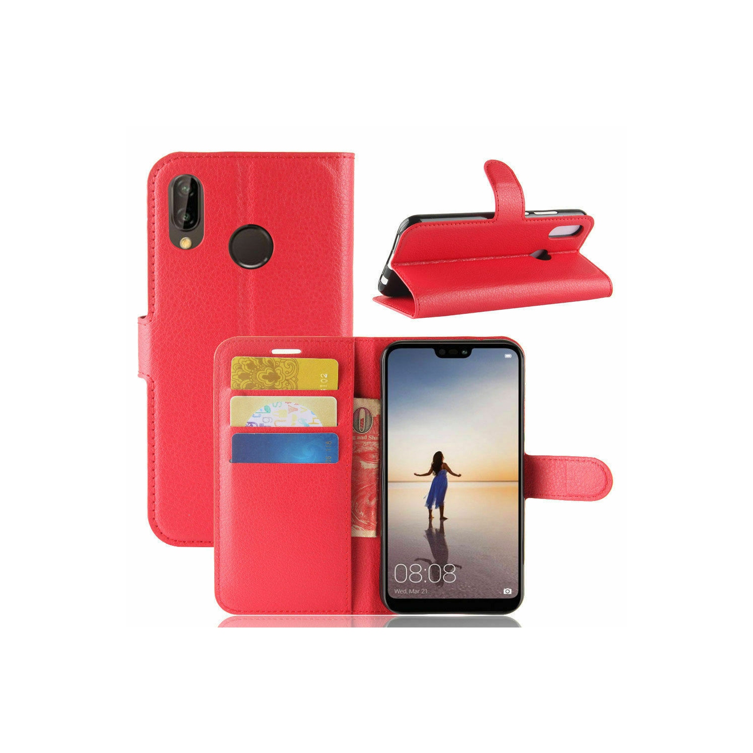 [CS] Huawei P20 Lite Case, Magnetic Leather Folio Wallet Flip Case Cover with Card Slot, Red