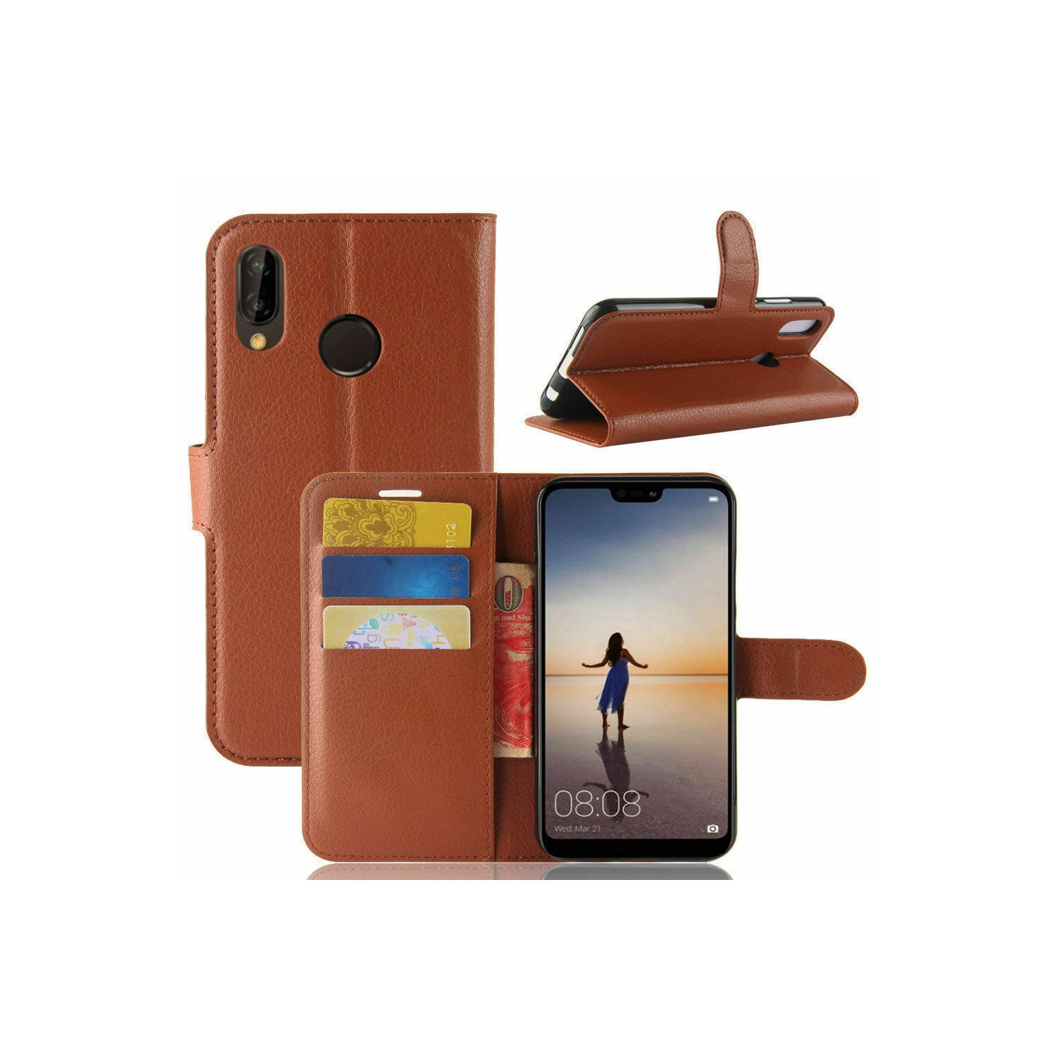 【CSmart】 Magnetic Card Slot Leather Folio Wallet Flip Case Cover for Huawei P20 Lite, Brown