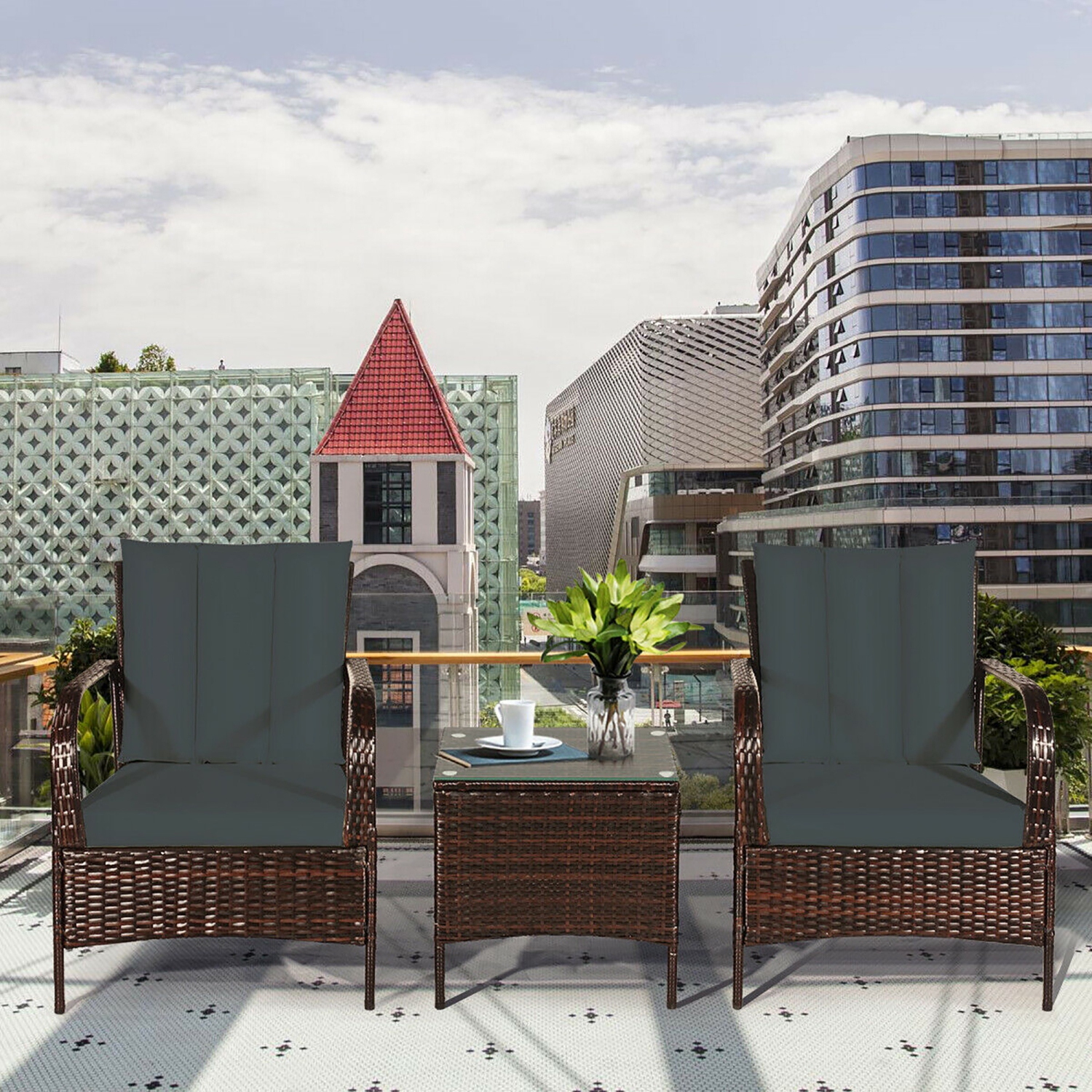 Costway 3pcs Patio Rattan Wicker Furniture Set Rocking Chair Coffee Table