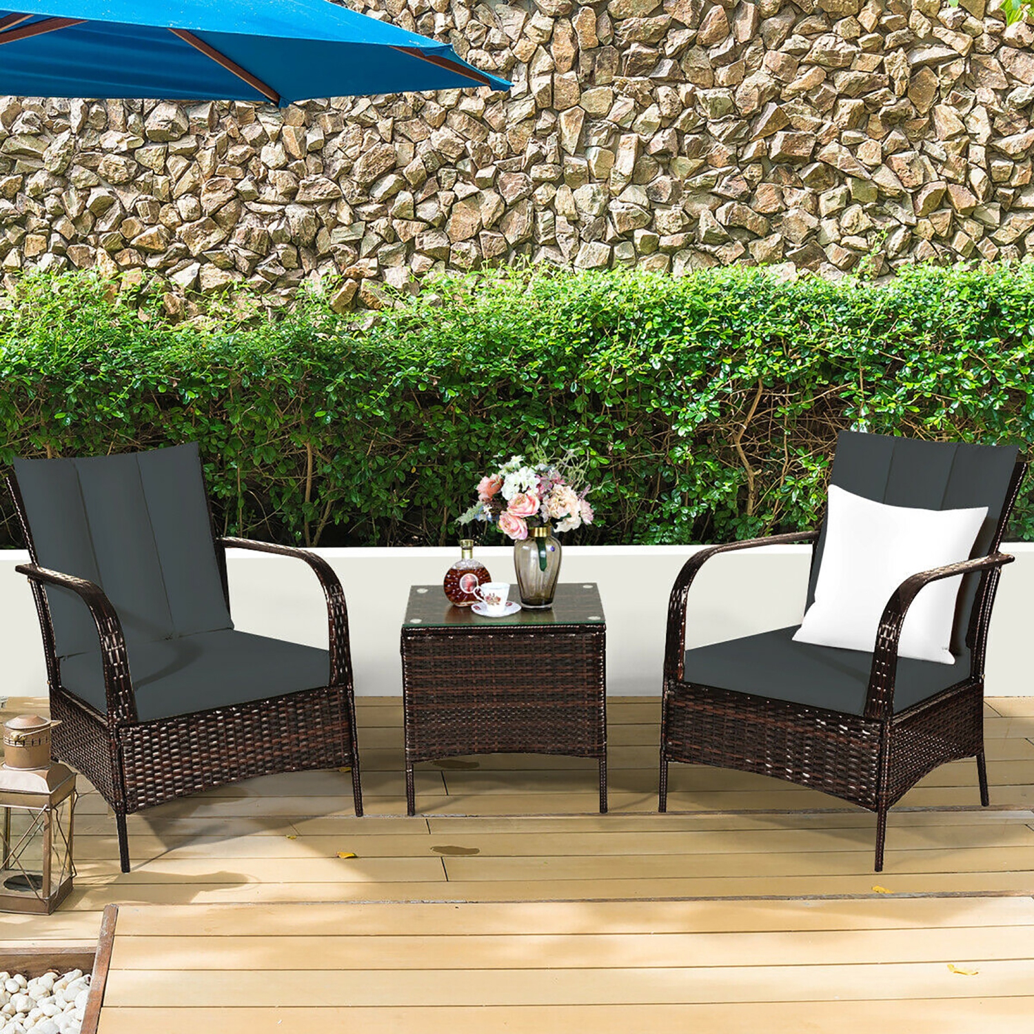Costway 3pcs Patio Rattan Wicker Furniture Set Rocking Chair Coffee Table