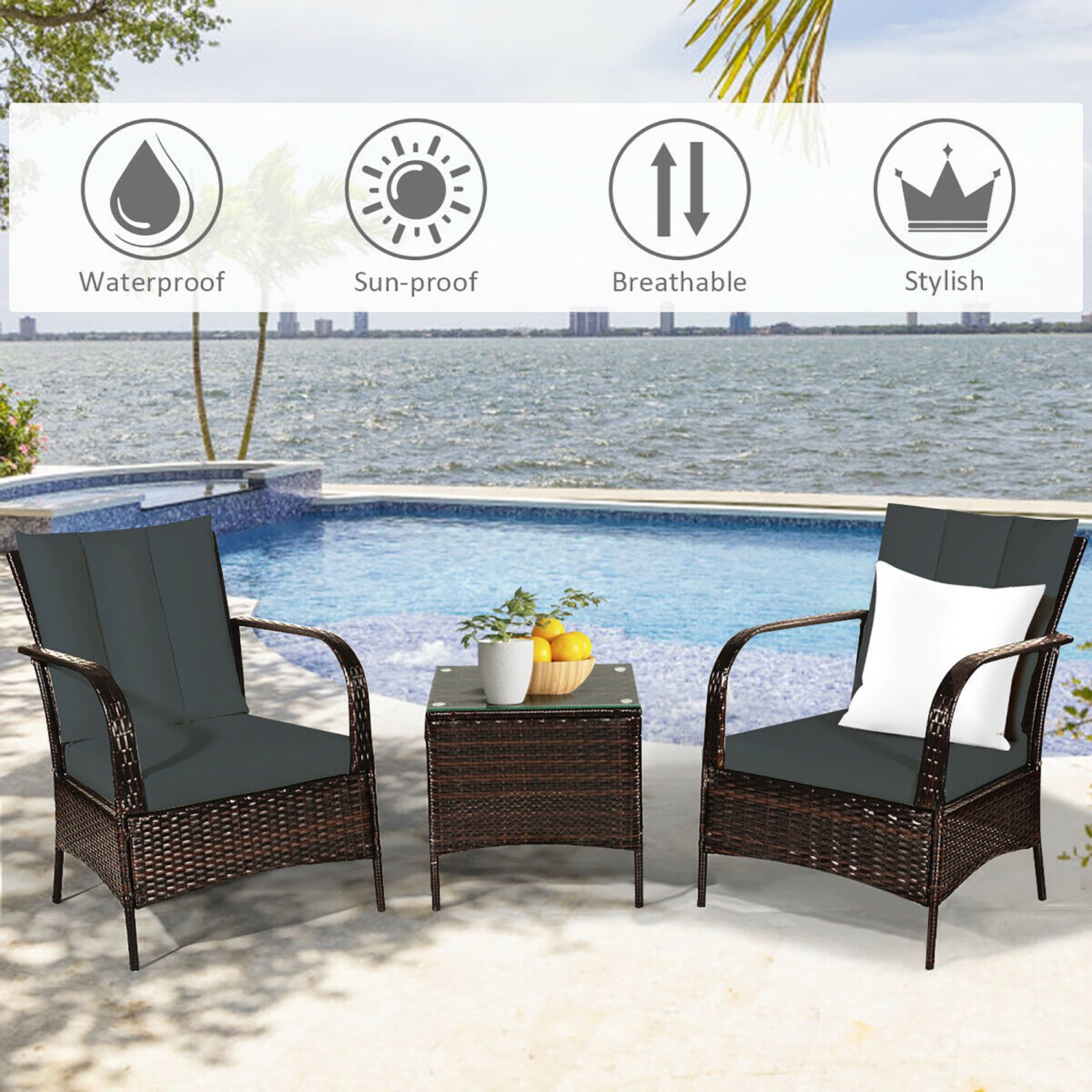 Costway 3pcs Patio Rattan Wicker Furniture Set Rocking Chair Coffee Table