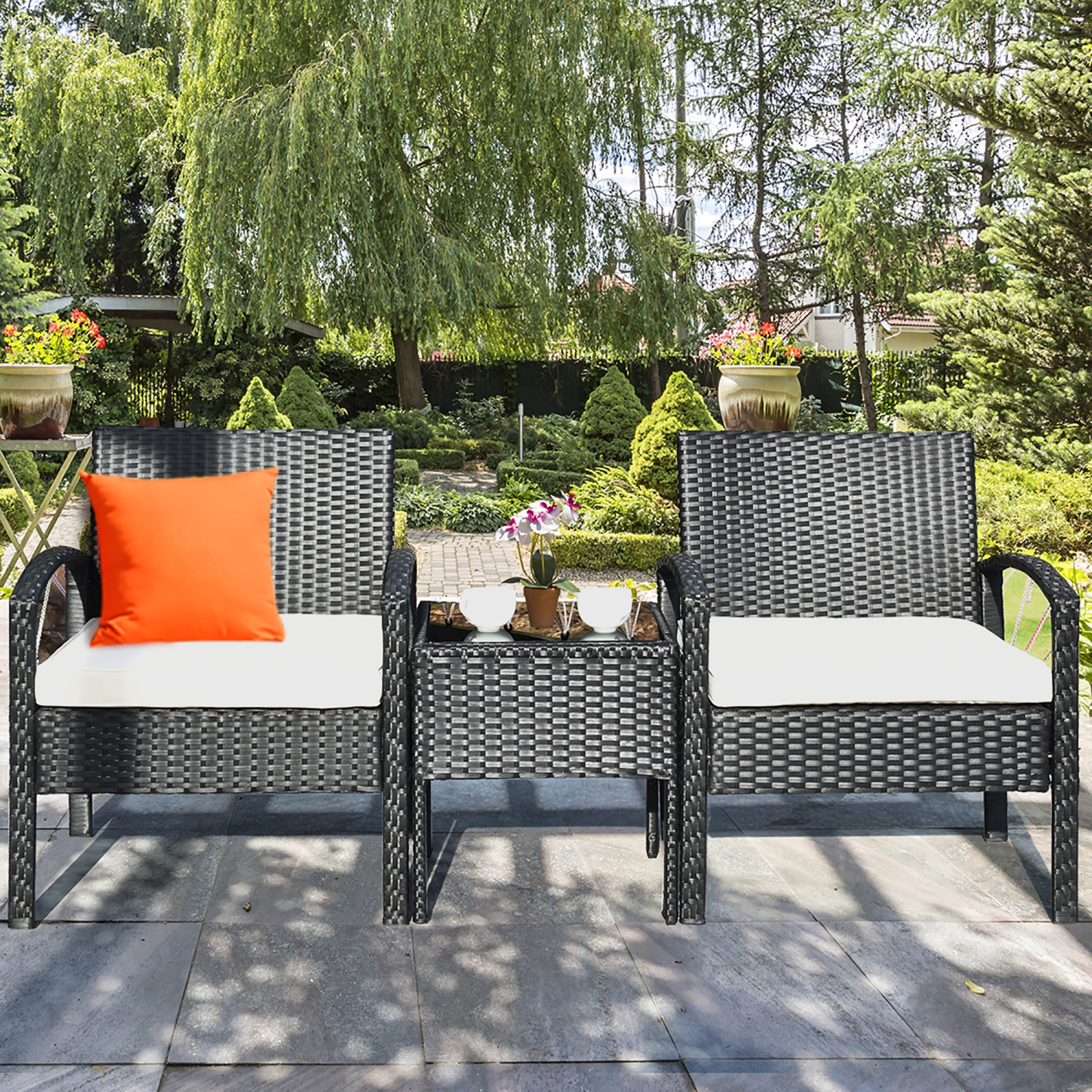 3 PCS Ensemble de meubles de patio en rotin Table basse et 2 chaises en rotin avec coussin marque Costway