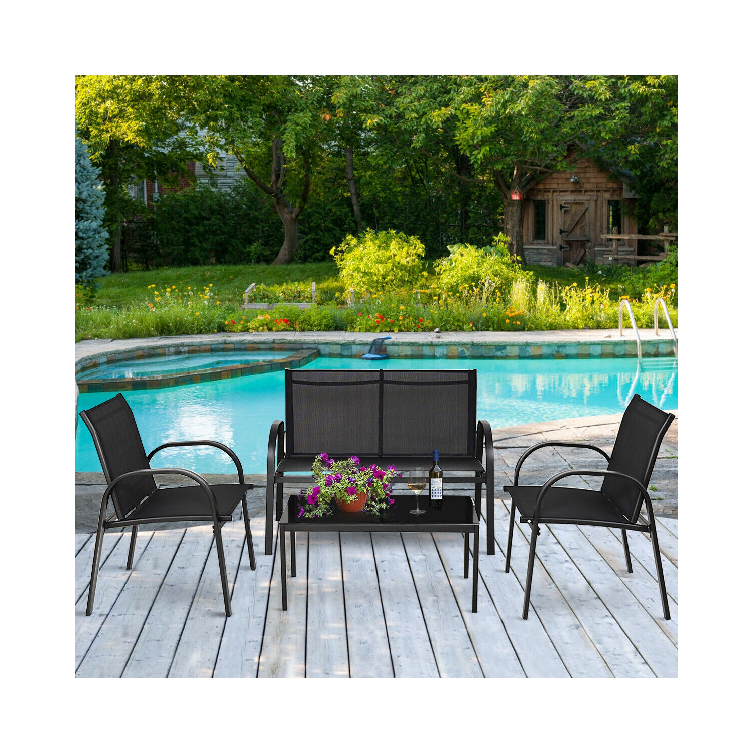 Costway 4 PCS Patio Furniture Set Sofa Coffee Table Steel Frame Garden Deck Black