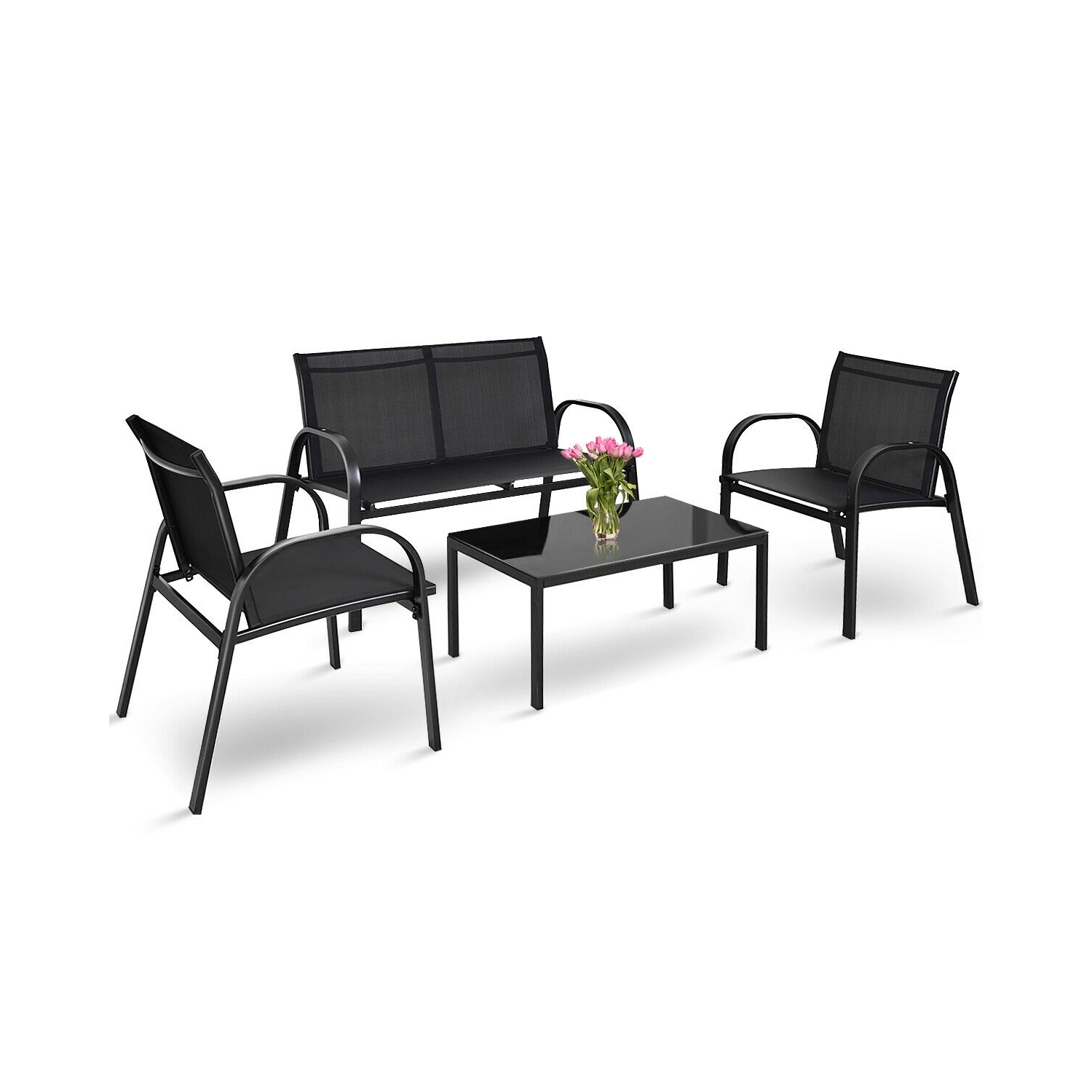 Costway 4 PCS Patio Furniture Set Sofa Coffee Table Steel Frame Garden Deck Black