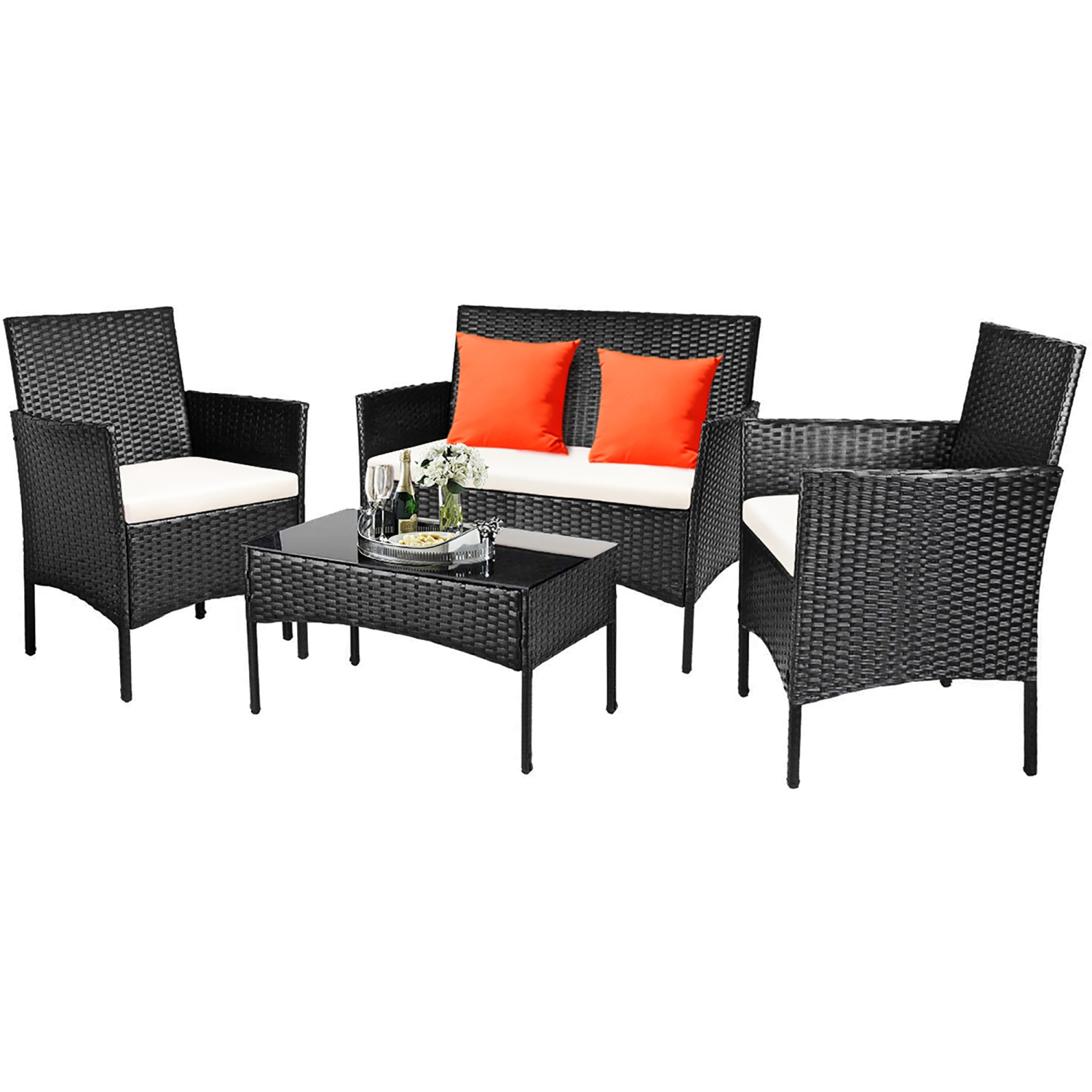 Costway 4-Piece Patio New Rattan Wicker Sofa Set Cushioned Loveseat, Table, 2 Chairs - Furniture Outdoor Garden