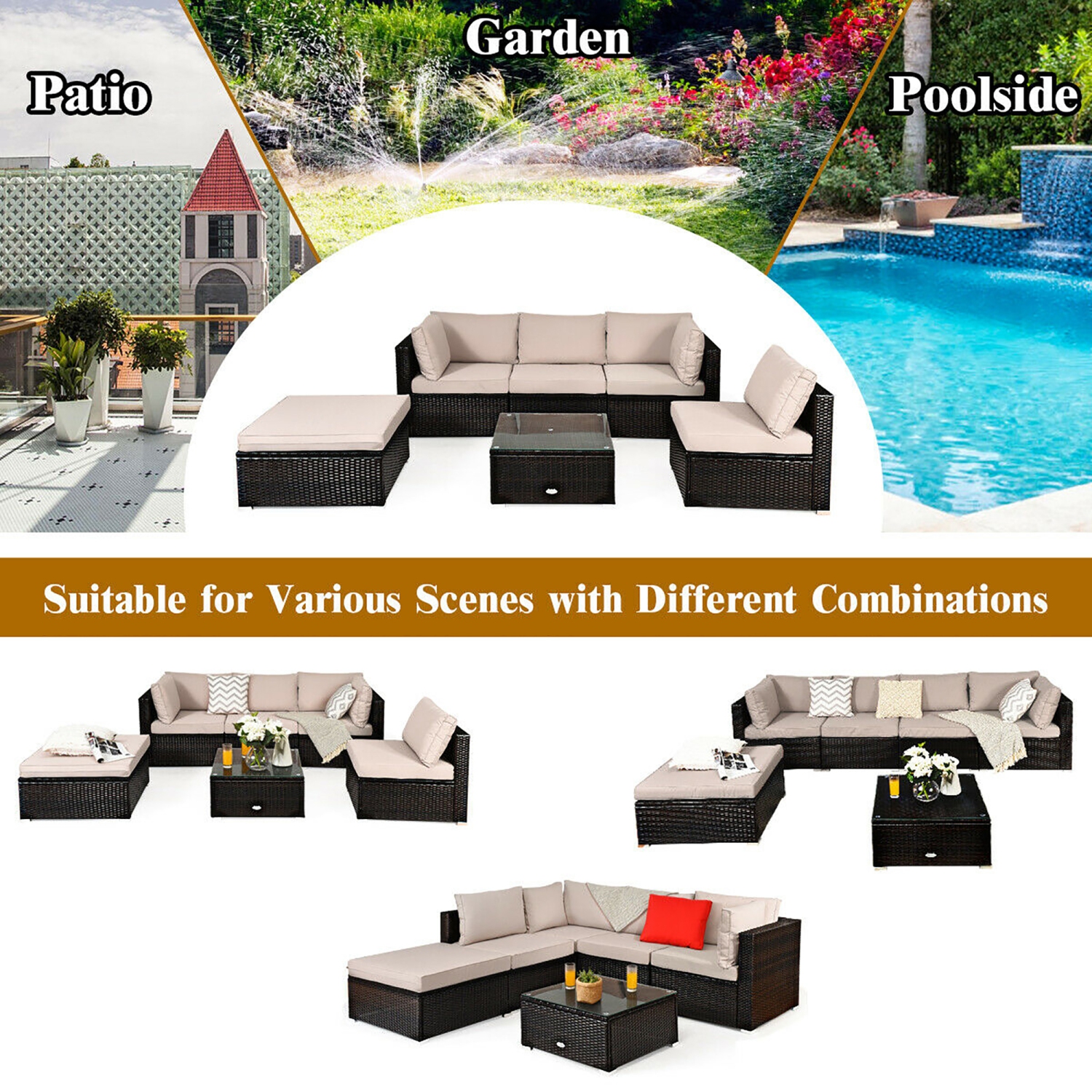 Costway Modern 4-Piece Outdoor Patio Sectional Conversation Set Rattan Wicker Loveseat Furniture with Cushions