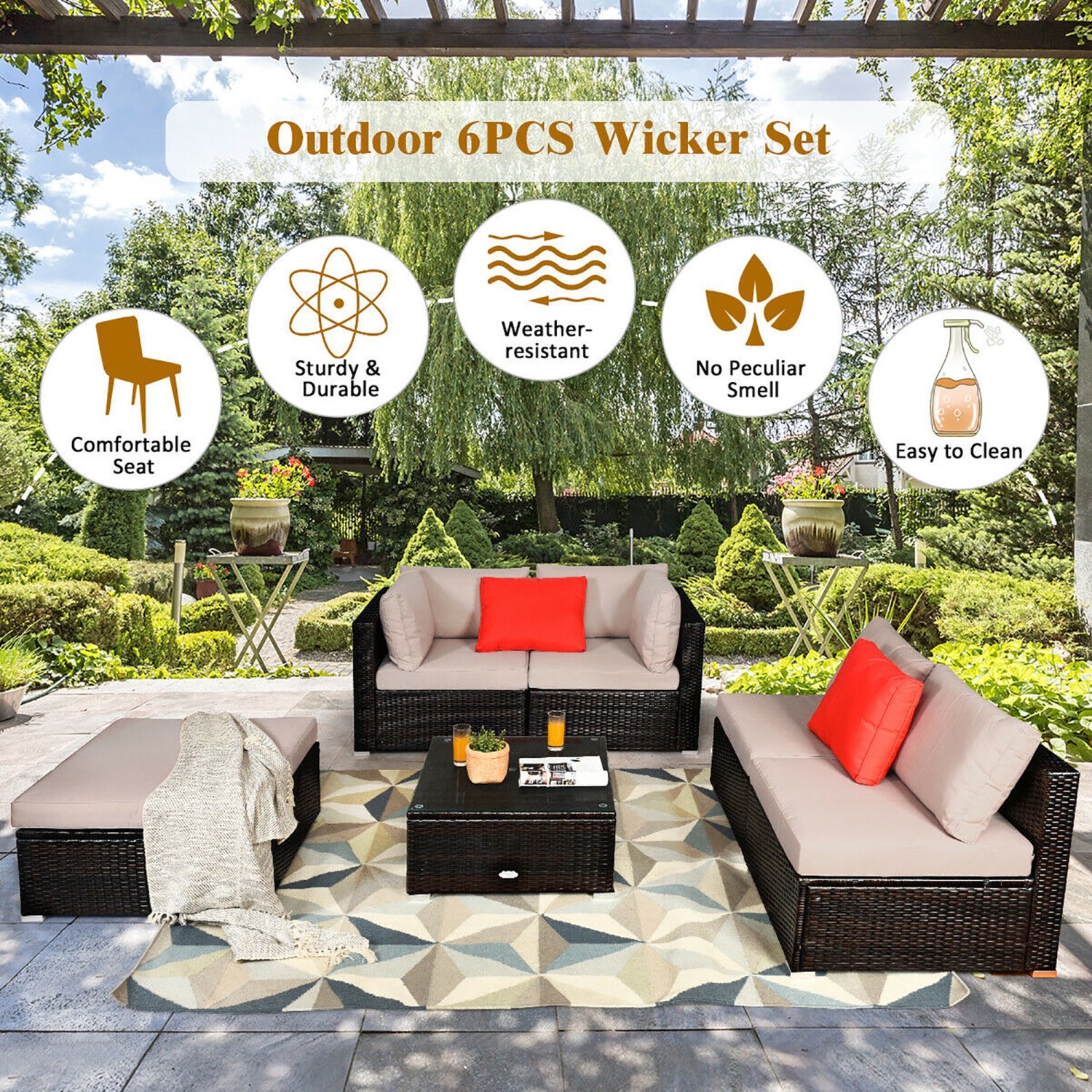 Costway Modern 4-Piece Outdoor Patio Sectional Conversation Set Rattan Wicker Loveseat Furniture with Cushions