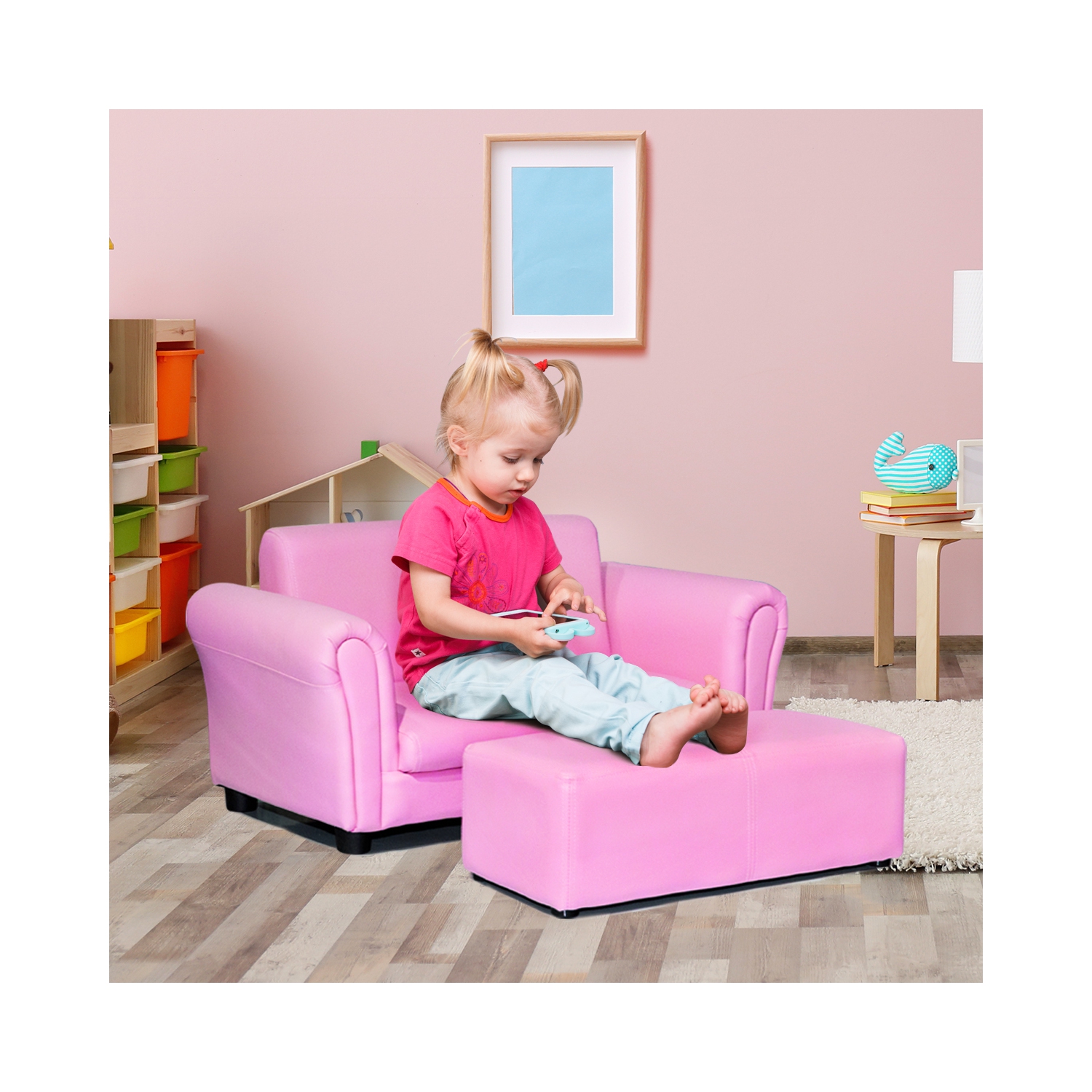 Costway Pink Kids Sofa Armrest Chair Couch Lounge Children Birthday Gift w/ Ottoman