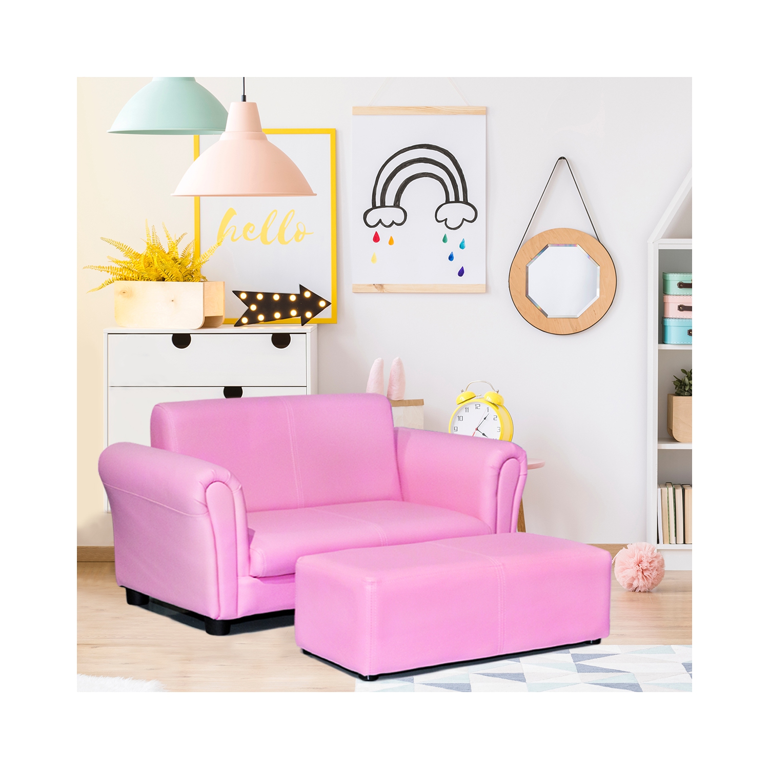 Costway Pink Kids Sofa Armrest Chair Couch Lounge Children Birthday Gift w/ Ottoman