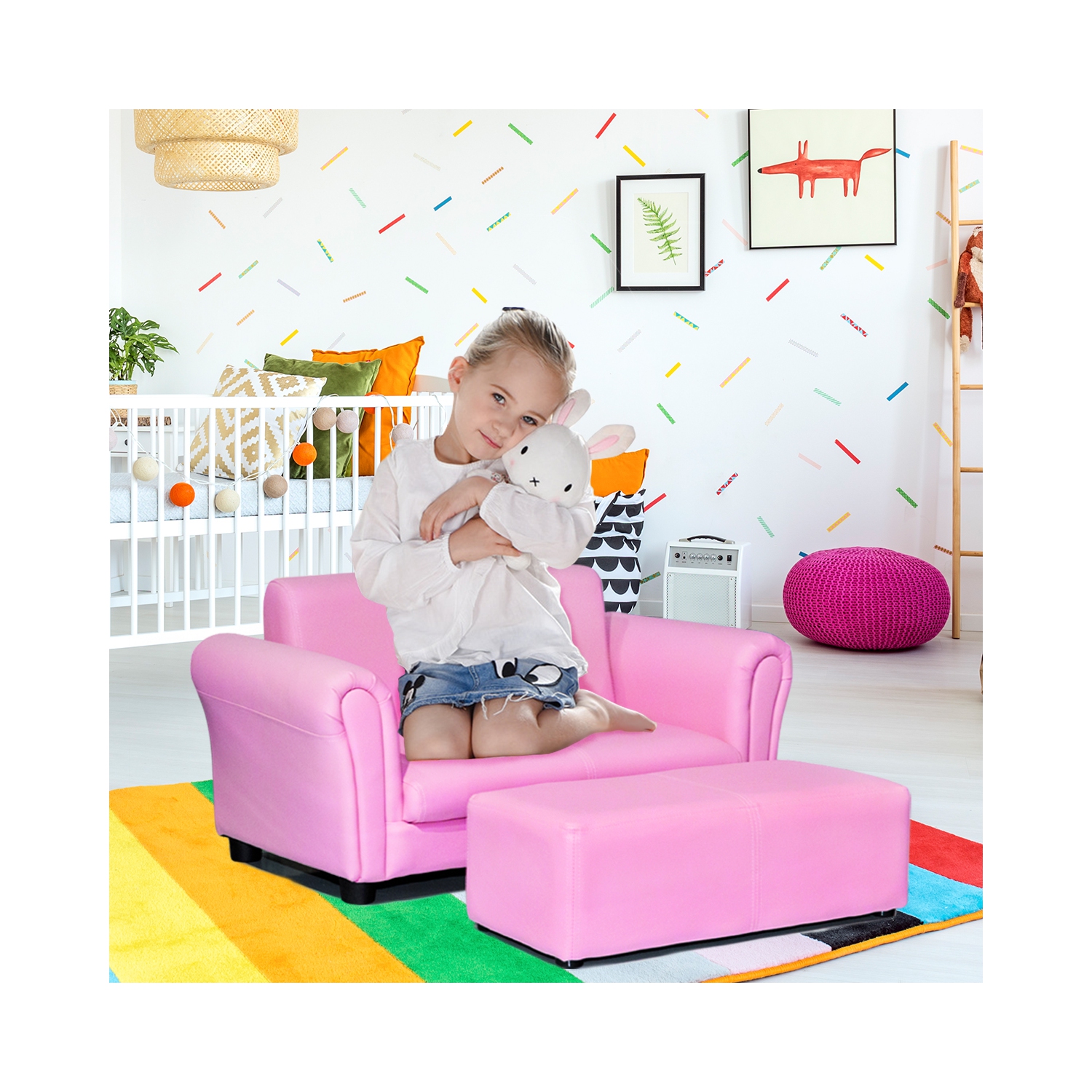 Costway Pink Kids Sofa Armrest Chair Couch Lounge Children Birthday Gift w/ Ottoman