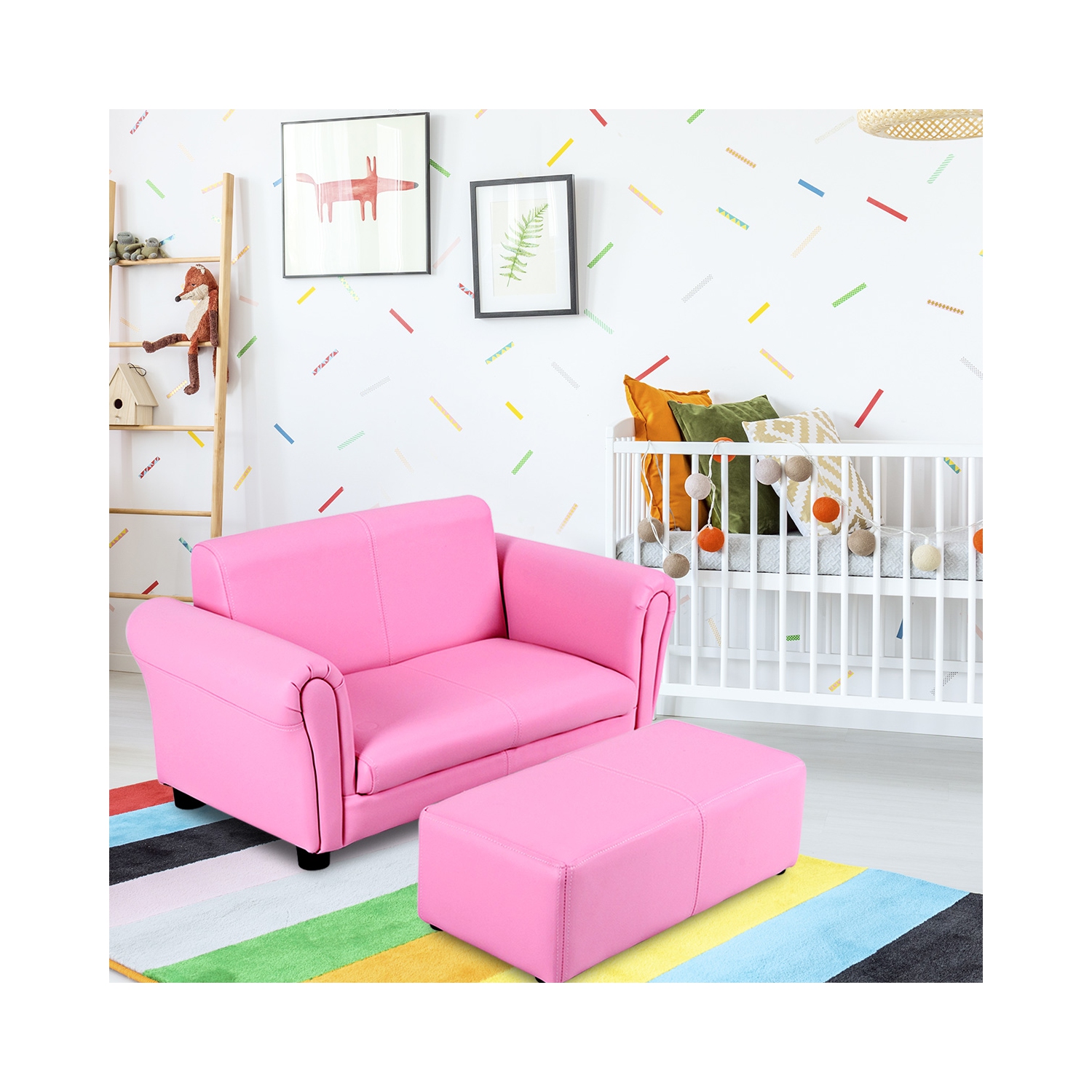 Costway Pink Kids Sofa Armrest Chair Couch Lounge Children Birthday Gift w/ Ottoman