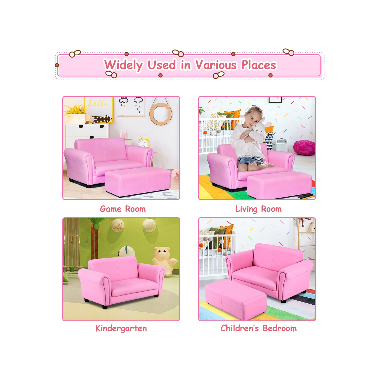 Costway Pink Kids Sofa Armrest Chair Couch Lounge Children Birthday Gift w/ Ottoman