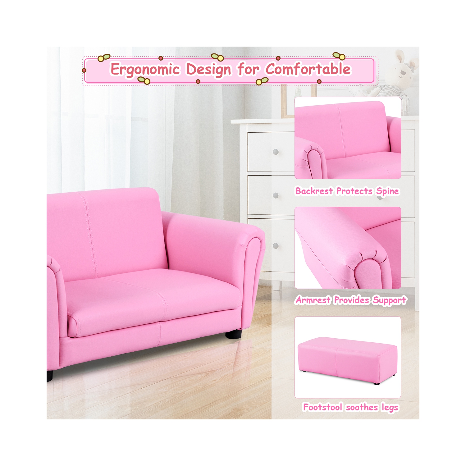 Costway Pink Kids Sofa Armrest Chair Couch Lounge Children Birthday Gift w/ Ottoman