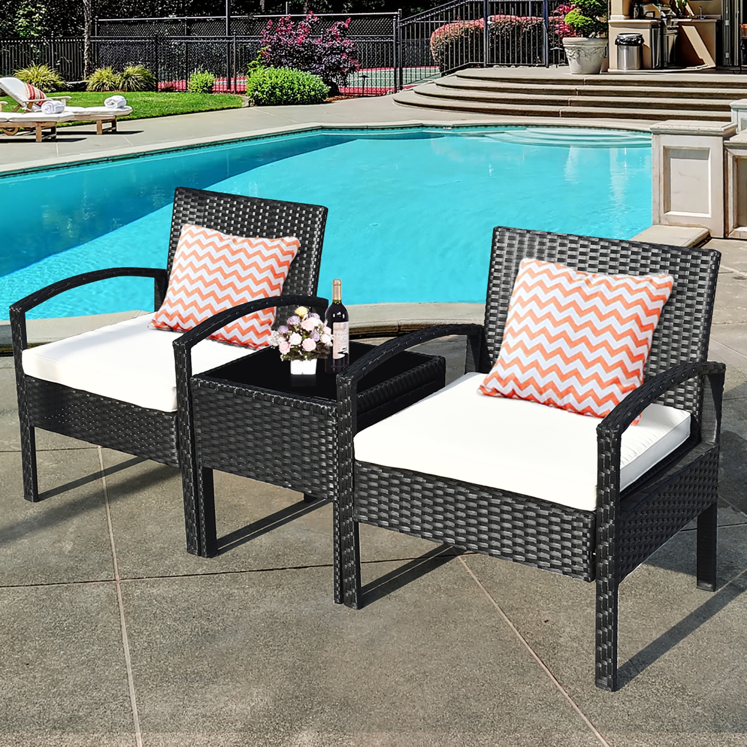 3 PCS Ensemble de meubles de patio en rotin Table basse et 2 chaises en rotin avec coussin marque Costway