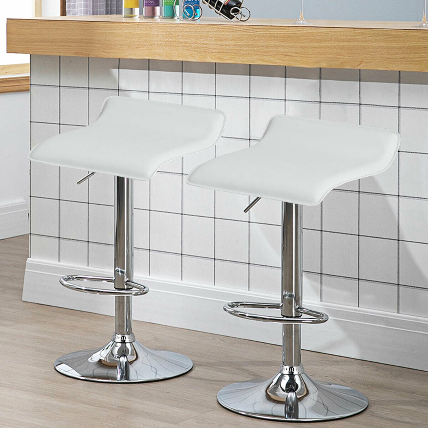Gymax 2PCS Adjustable Swivel Bar Stools Backless PU Leather White