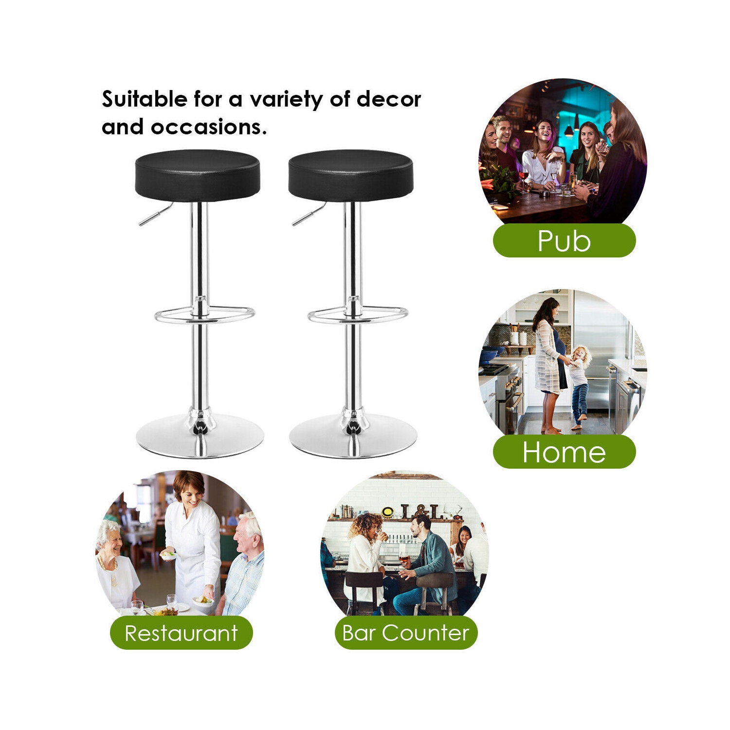 Gymax Set of 2 Adjustable Round Leather Seat Hydraulic Swivel Bar Stool Black