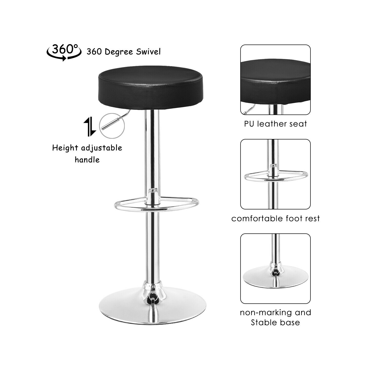 Gymax Set of 2 Adjustable Round Leather Seat Hydraulic Swivel Bar Stool Black