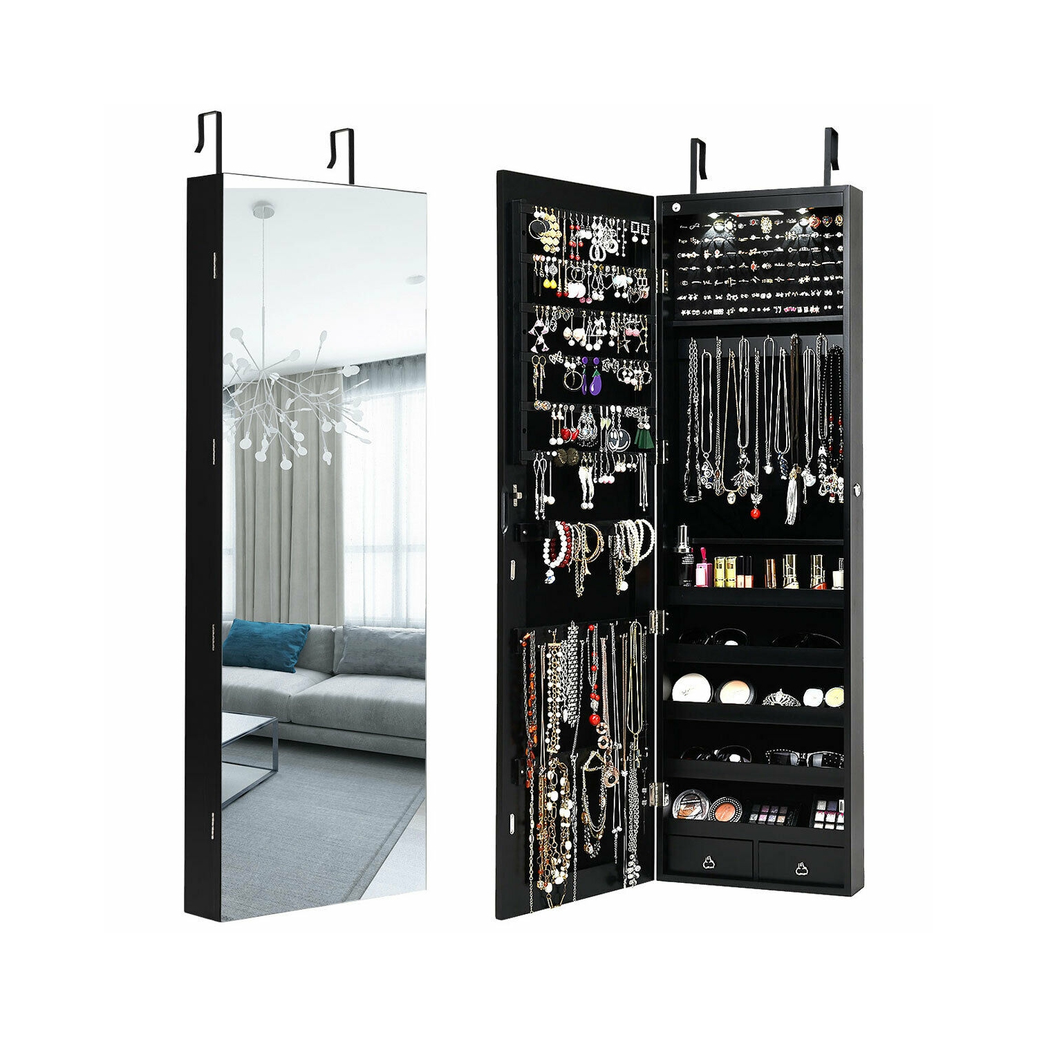 GYMAX Armoire à Bijoux Murale avec Lumière LED et Miroir Accrochée à la Porte 36 x 10 x 120 cm