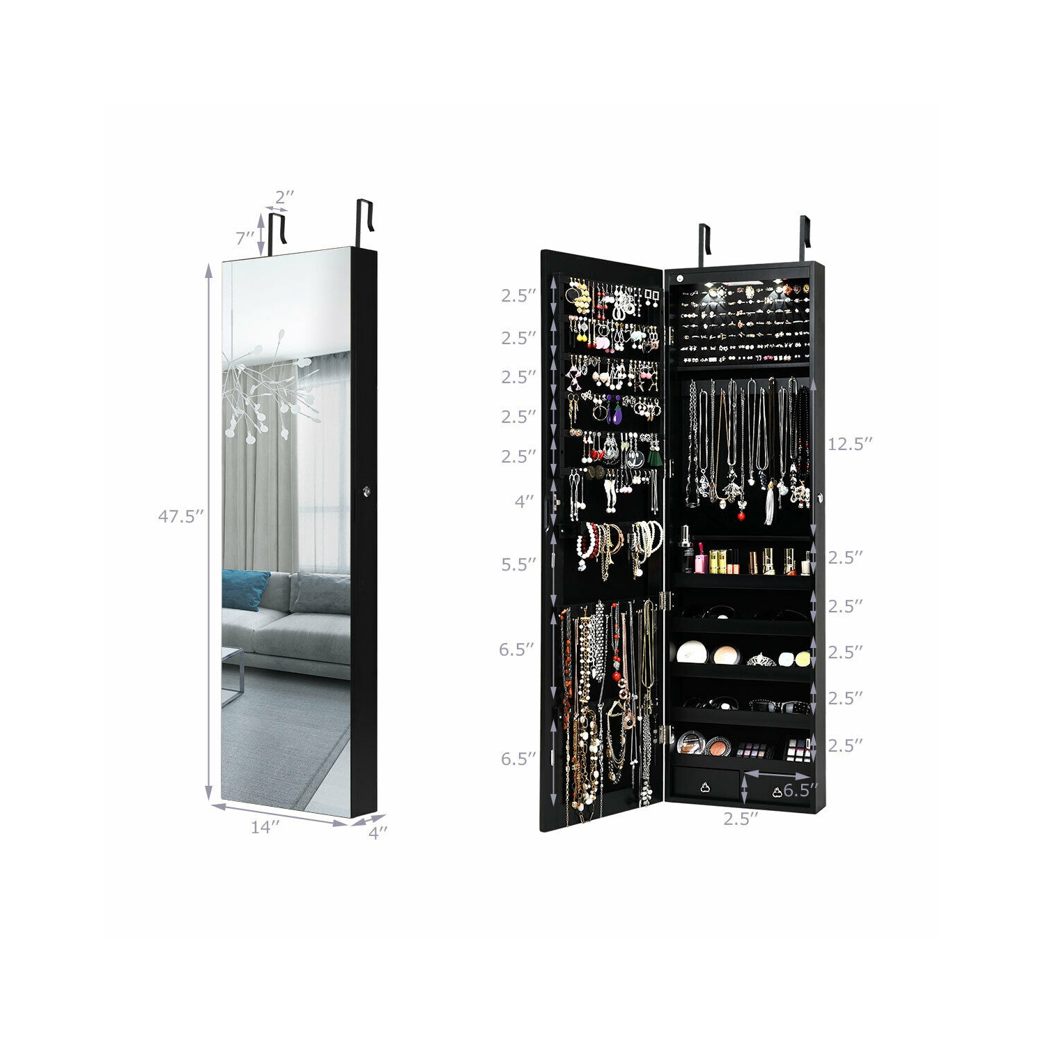 GYMAX Armoire à Bijoux Murale avec Lumière LED et Miroir Accrochée à la Porte 36 x 10 x 120 cm