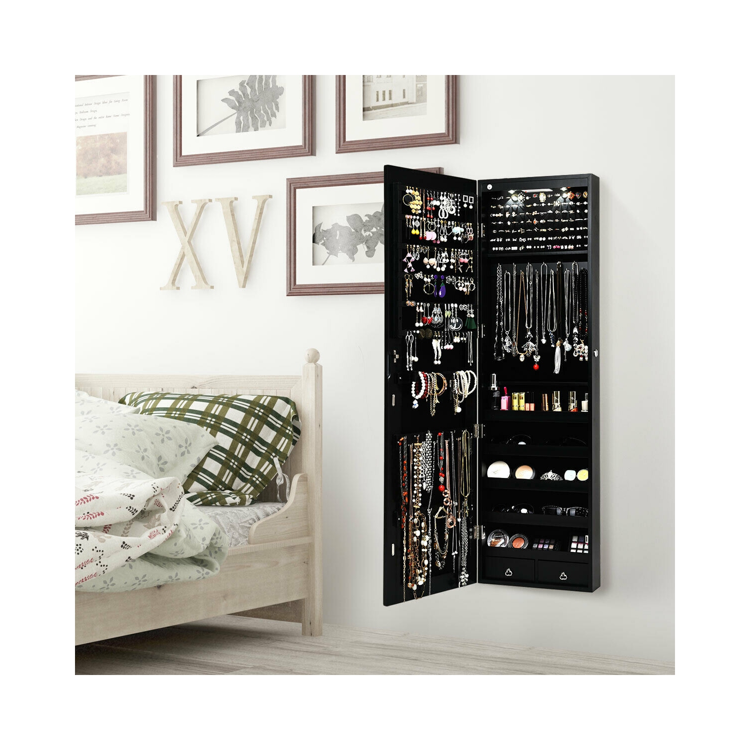 GYMAX Armoire à Bijoux Murale avec Lumière LED et Miroir Accrochée à la Porte 36 x 10 x 120 cm