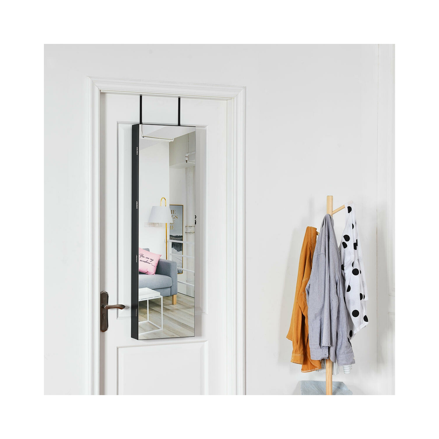 GYMAX Armoire à Bijoux Murale avec Lumière LED et Miroir Accrochée à la Porte 36 x 10 x 120 cm