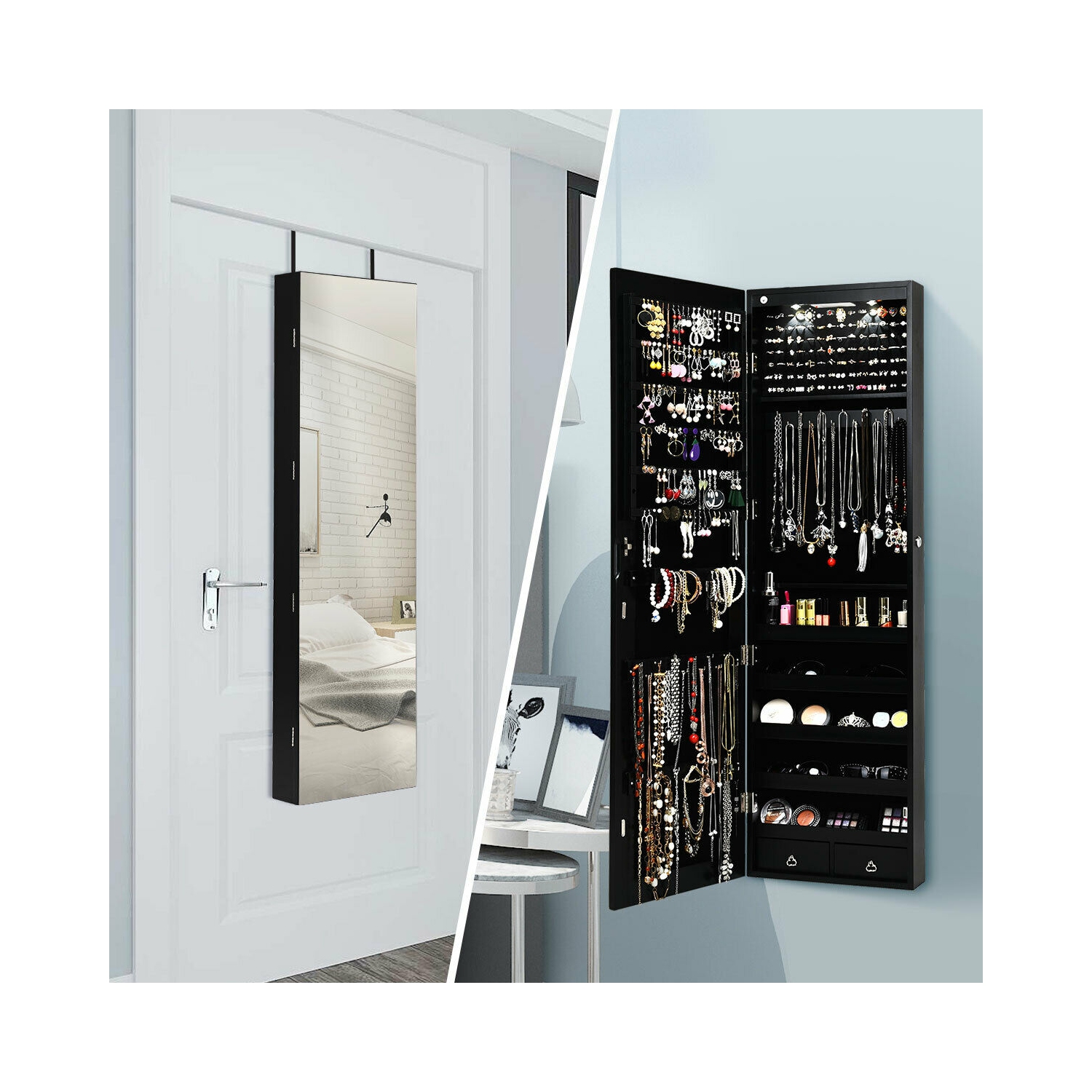 GYMAX Armoire à Bijoux Murale avec Lumière LED et Miroir Accrochée à la Porte 36 x 10 x 120 cm
