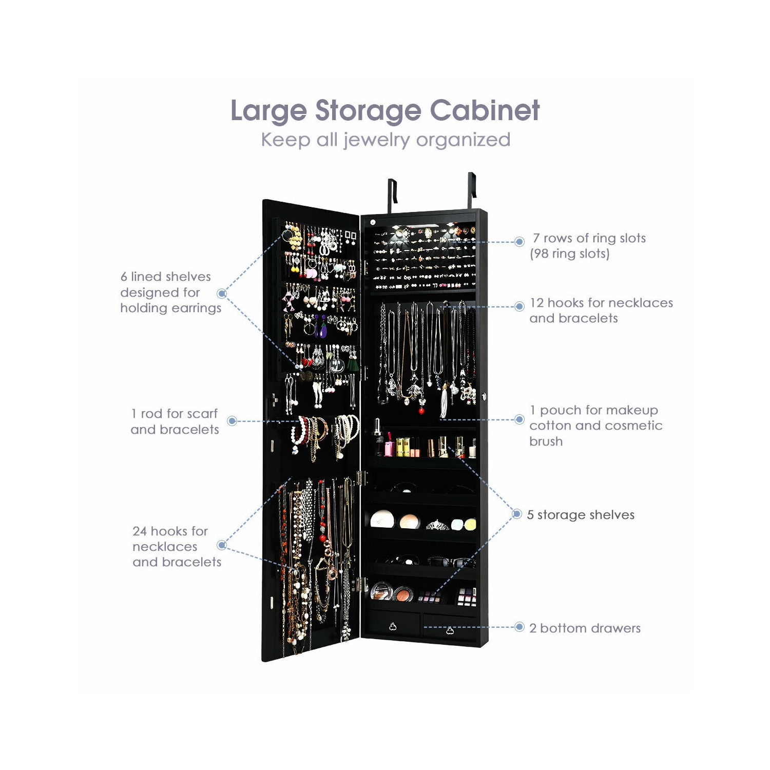 GYMAX Armoire à Bijoux Murale avec Lumière LED et Miroir Accrochée à la Porte 36 x 10 x 120 cm