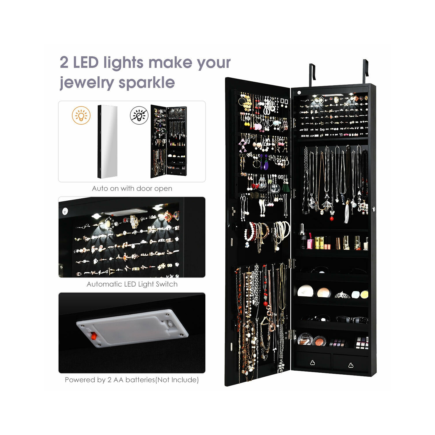 GYMAX Armoire à Bijoux Murale avec Lumière LED et Miroir Accrochée à la Porte 36 x 10 x 120 cm