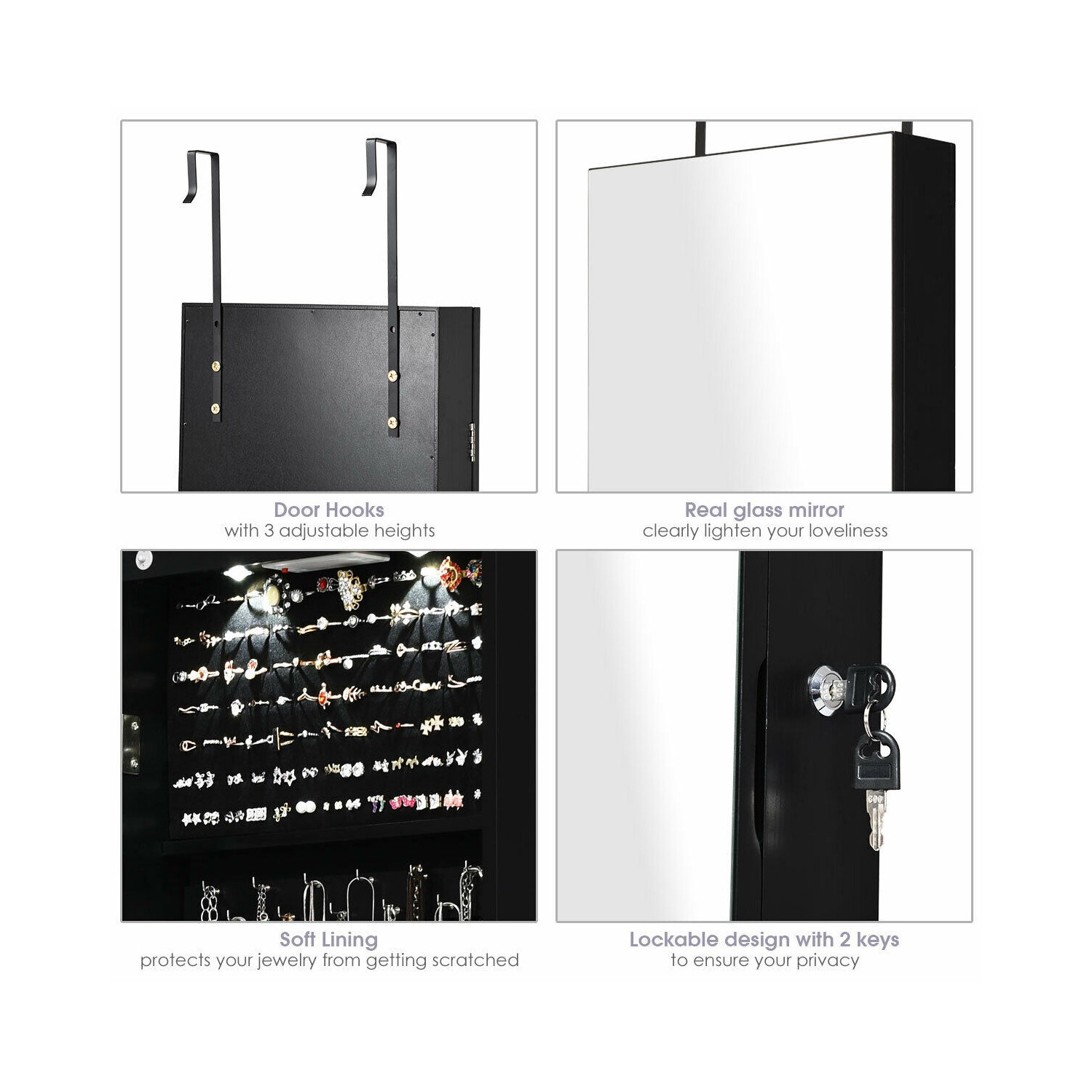 GYMAX Armoire à Bijoux Murale avec Lumière LED et Miroir Accrochée à la Porte 36 x 10 x 120 cm