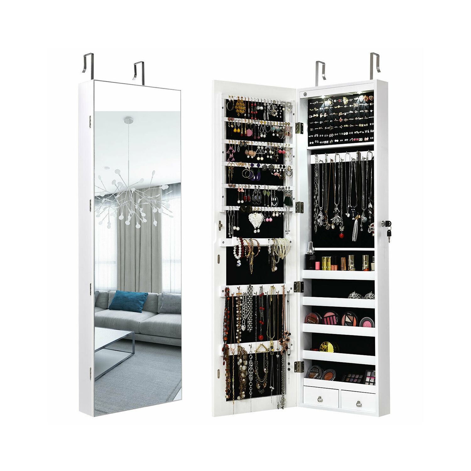 Gymax Wall & Door Mounted Mirrored Jewelry Cabinet Storage Organizer W/ Lights&Drawer