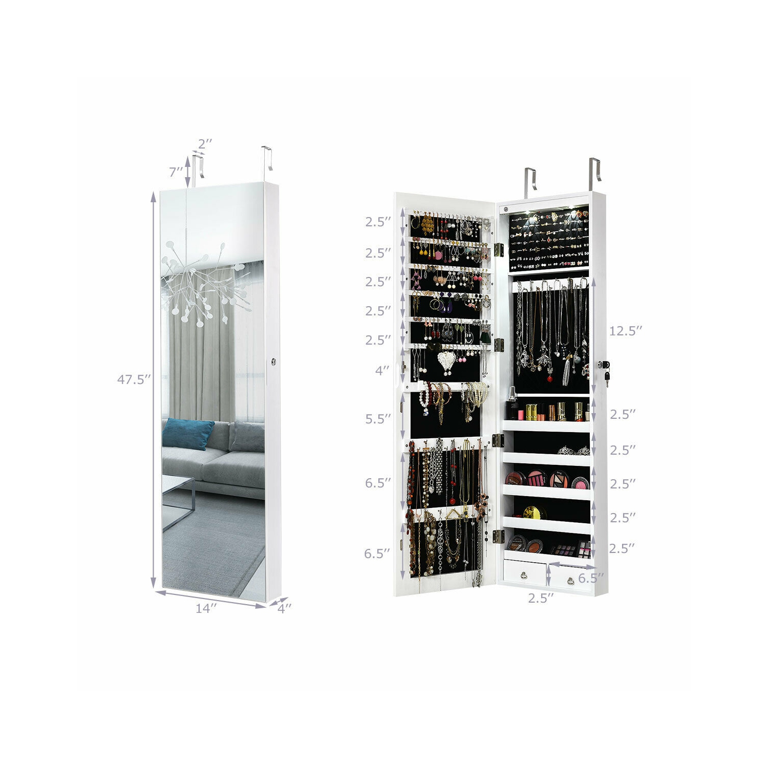 Gymax Wall & Door Mounted Mirrored Jewelry Cabinet Storage Organizer W/ Lights&Drawer