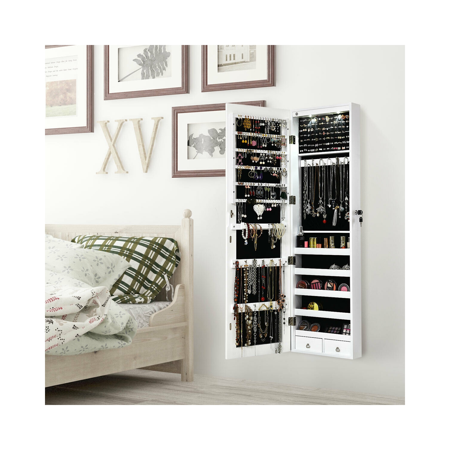 Gymax Wall & Door Mounted Mirrored Jewelry Cabinet Storage Organizer W/ Lights&Drawer