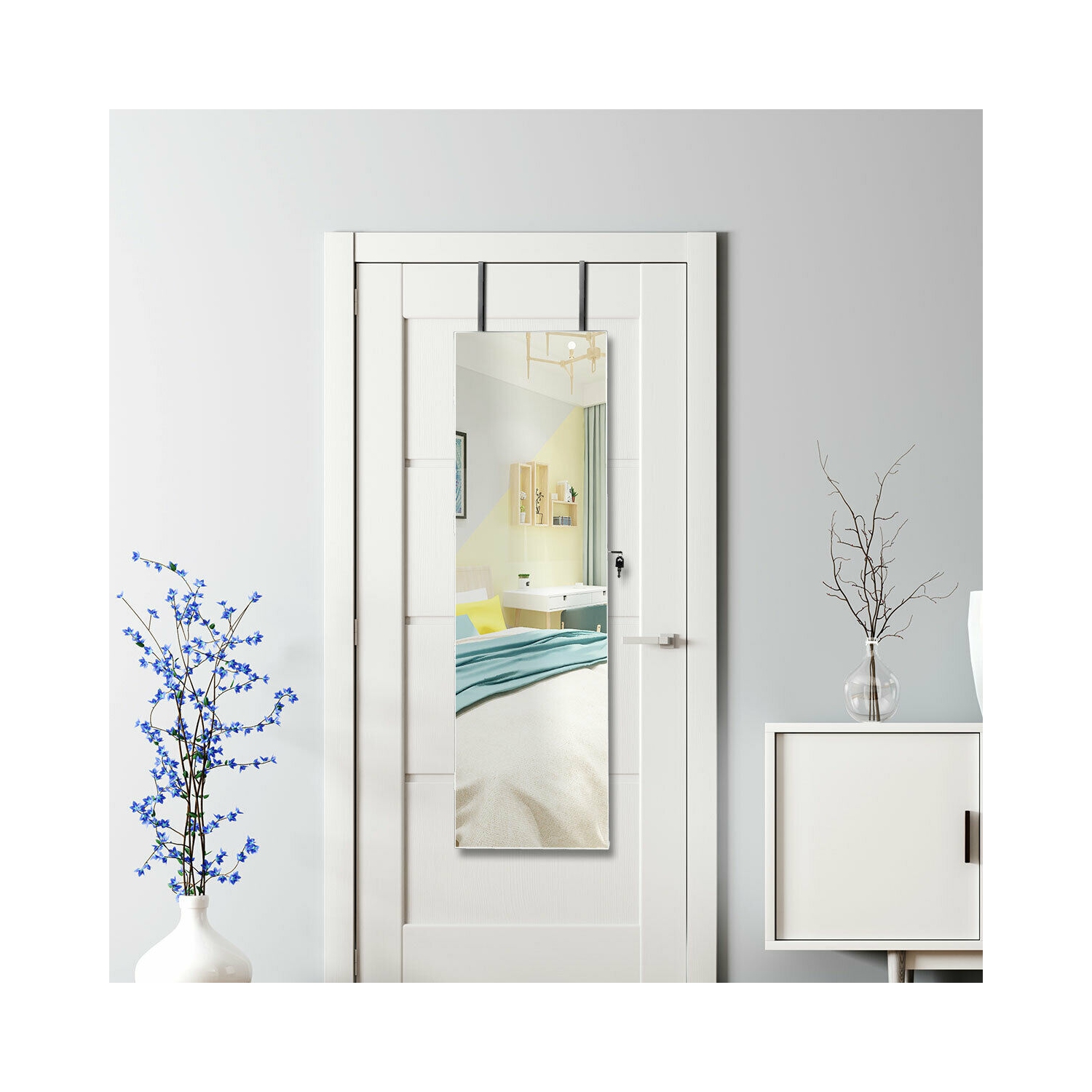 Gymax Wall & Door Mounted Mirrored Jewelry Cabinet Storage Organizer W/ Lights&Drawer