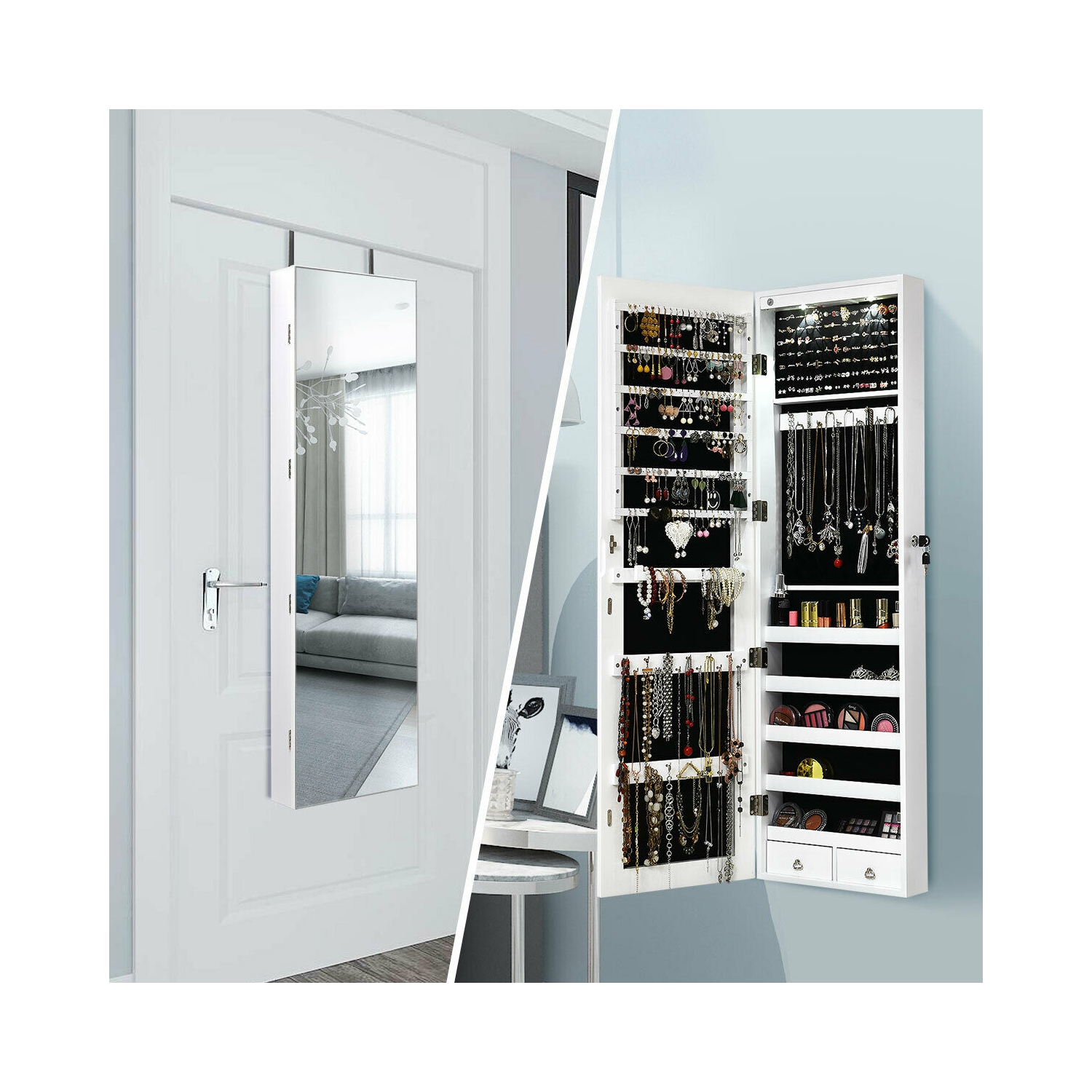 Gymax Wall & Door Mounted Mirrored Jewelry Cabinet Storage Organizer W/ Lights&Drawer