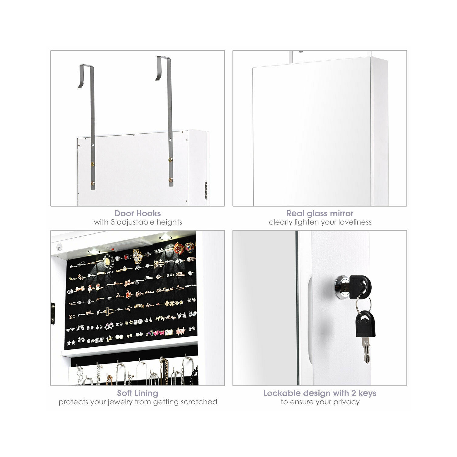 Gymax Wall & Door Mounted Mirrored Jewelry Cabinet Storage Organizer W/ Lights&Drawer